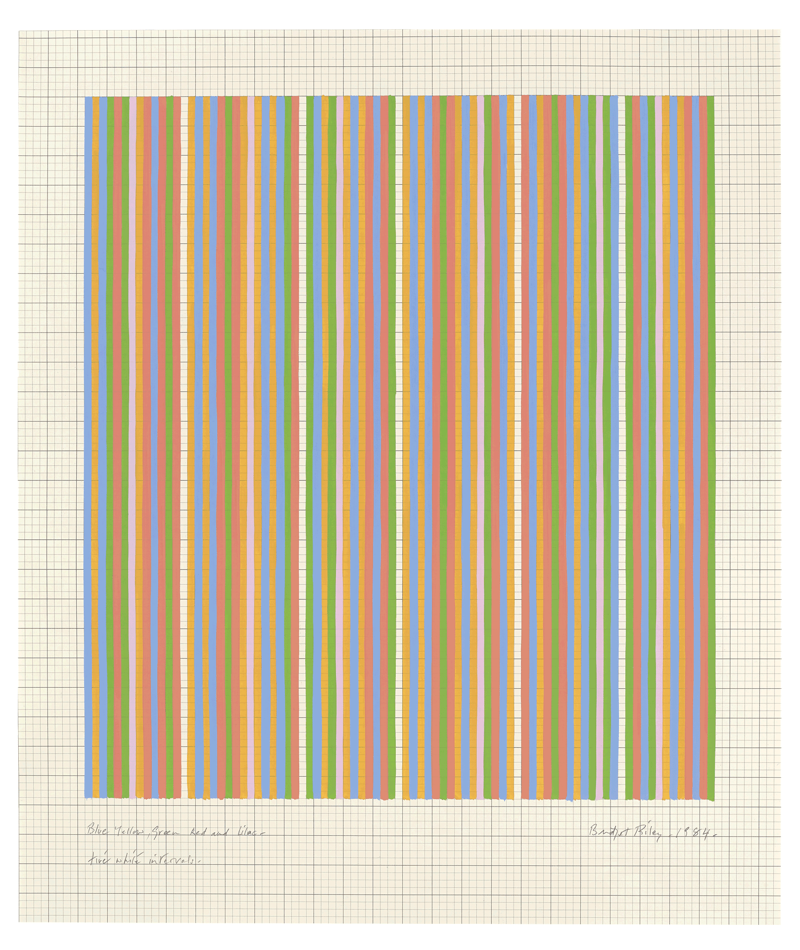 A mixed media work on paper by Bridget Riley, titled Blue, Yellow, Green, Red, and Lilac - five white intervals, dated 1984.