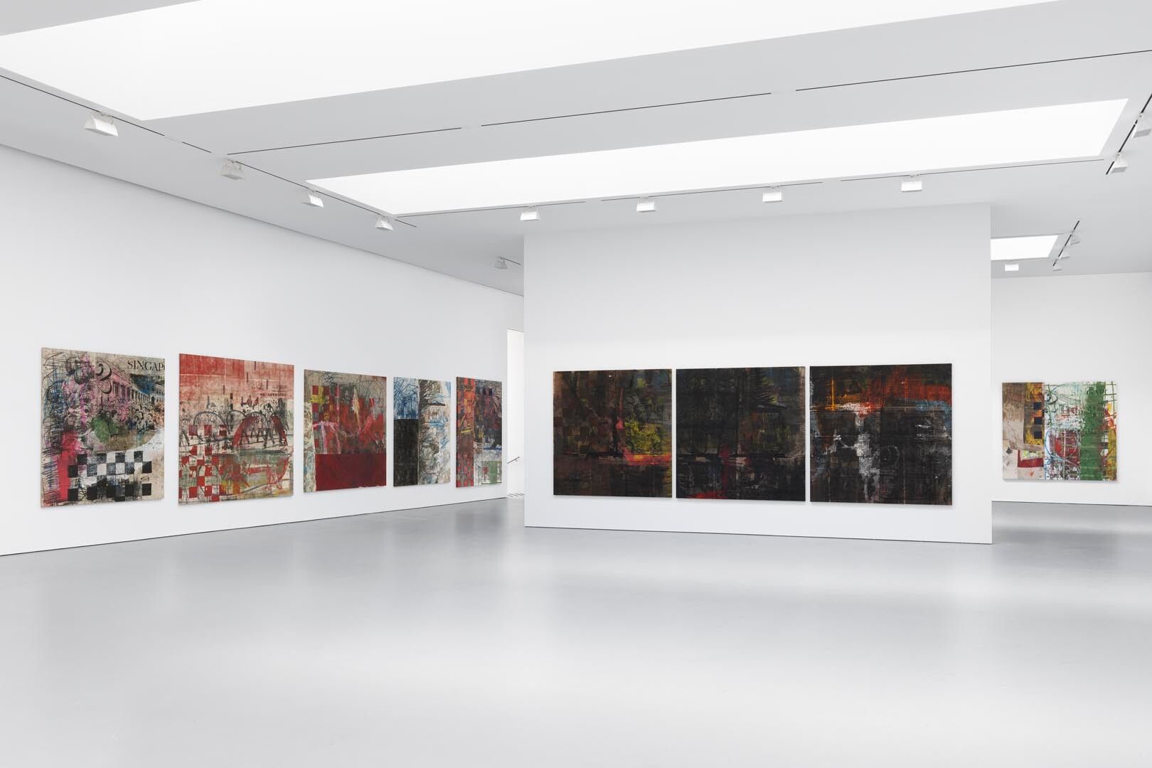 An installation view of the exhibition Oscar Murillo: through patches or corn, wheat and mud, at David Zwirner New York, date 2016.
