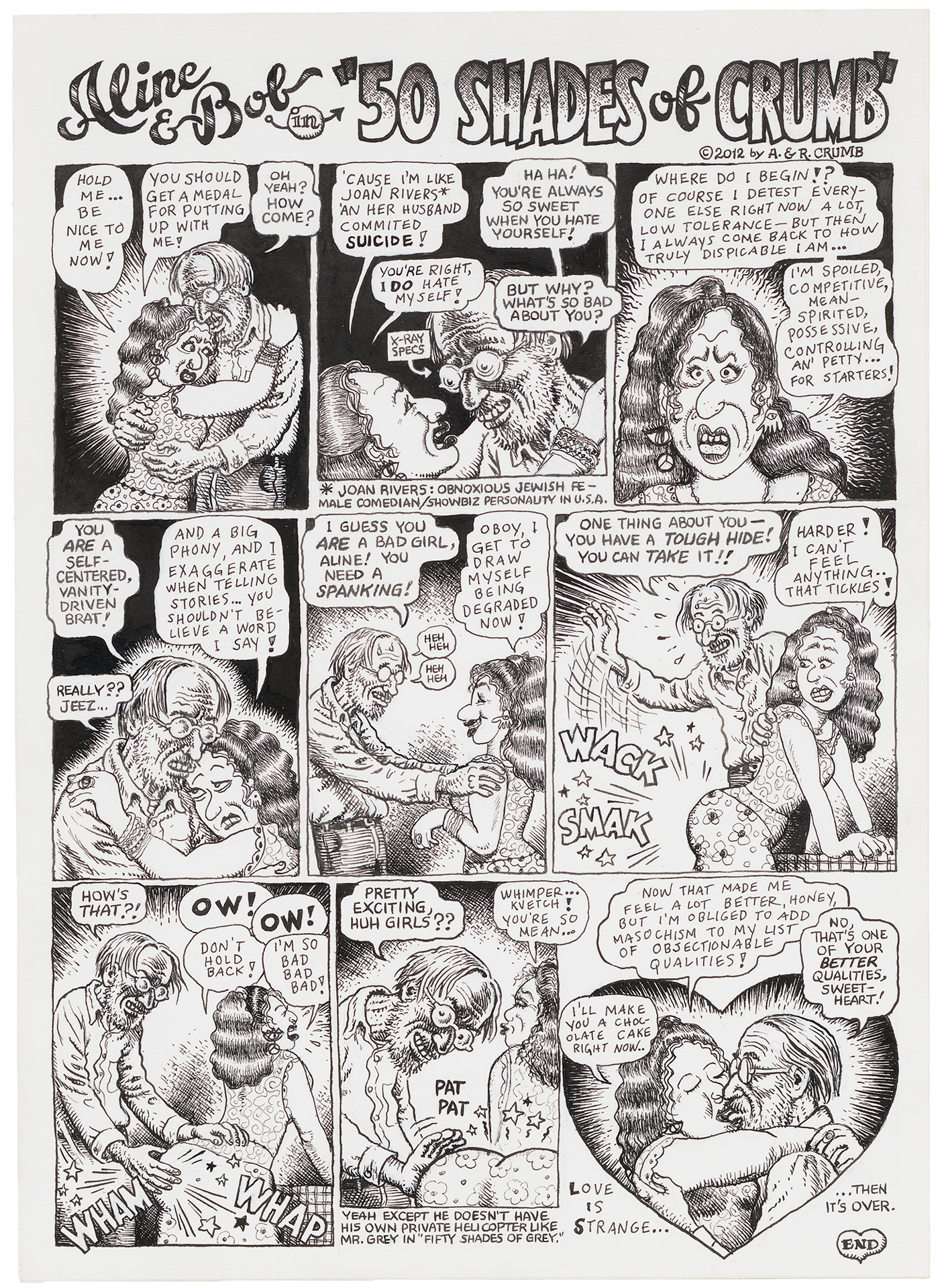 A drawing by Aline Kominsky Crumb and R. Crumb titled, Aline & Bob in 50 Shades of Crumb, dated 2012.