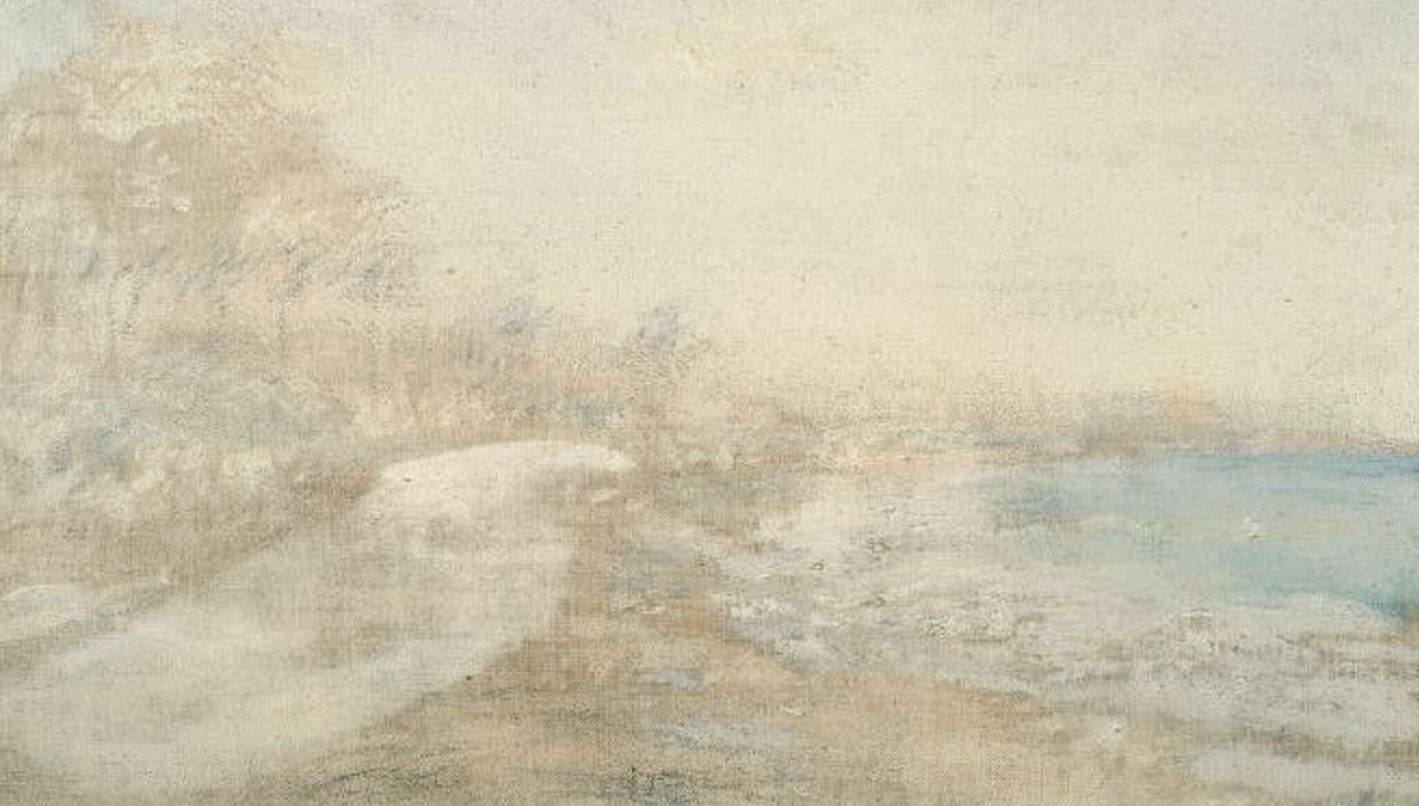 An artwork by Armando Reverón, titled Cabo Blanco - White Cape, 1941, oil on canvas, 18.25 X 28.25” (46.36 x 71.76 cm)
