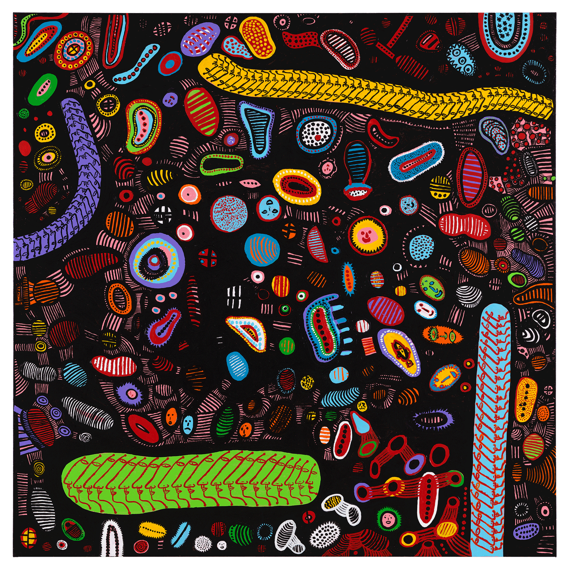 A painting by Yayoi Kusama, titled All About The Human Love, dated 2015.