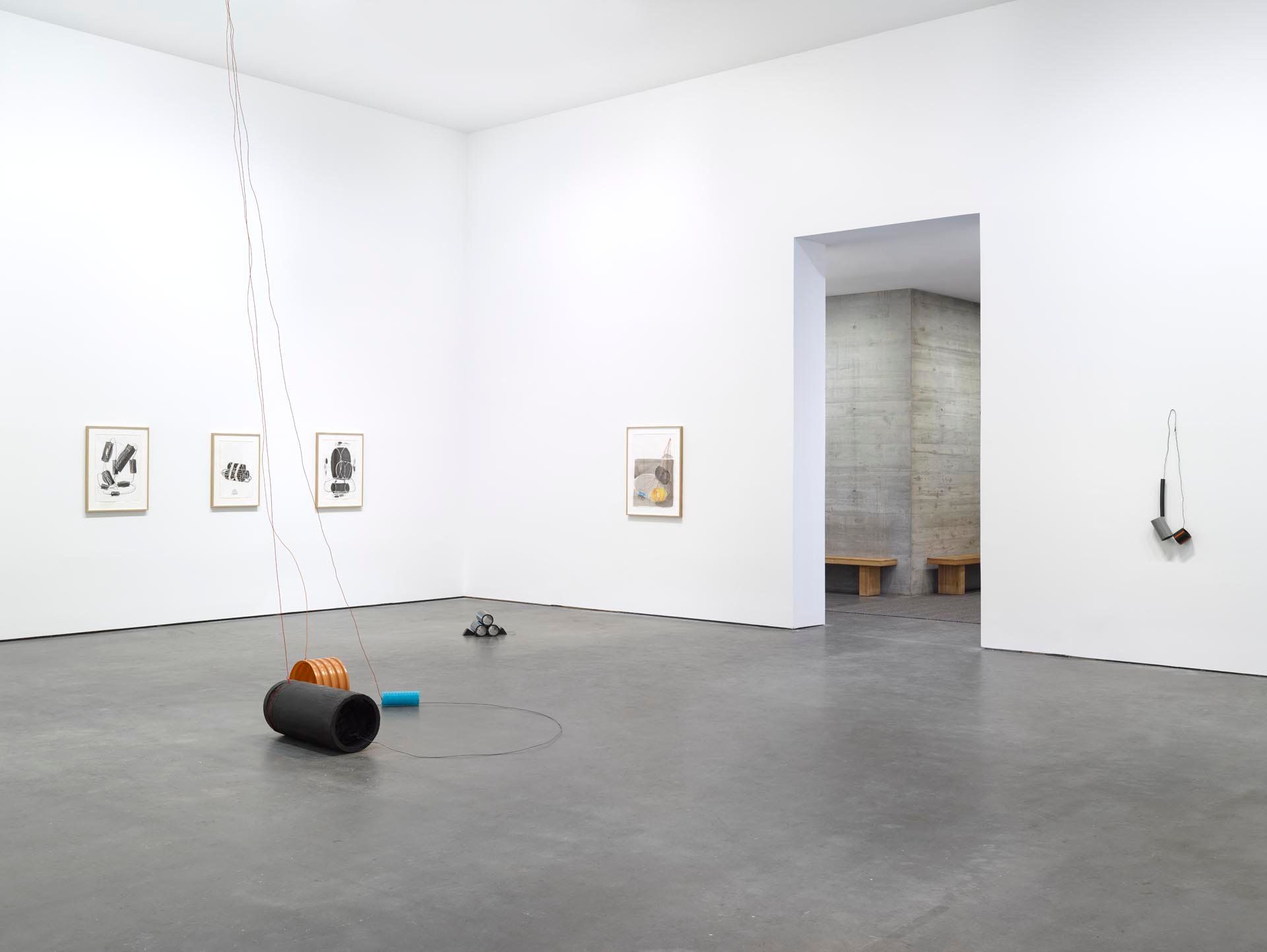 Installation view of the exhibition Al Taylor: Pet Stains, Puddles, and Full Gospel Neckless at David Zwirner in New York, dated 2015.