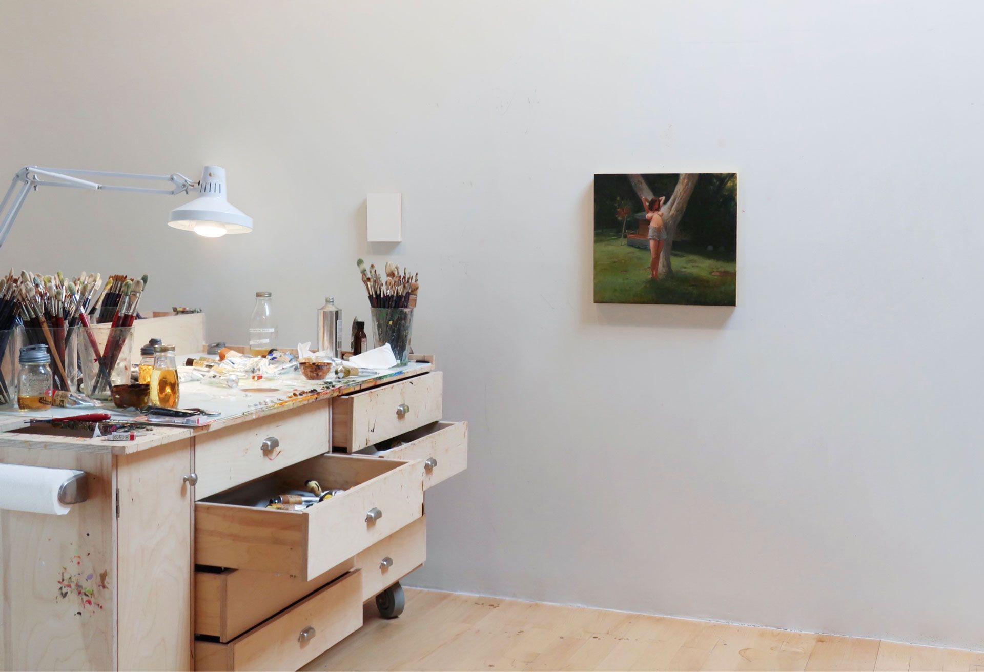 A photograph of Lisa Yuskavage's studio, dated 2020