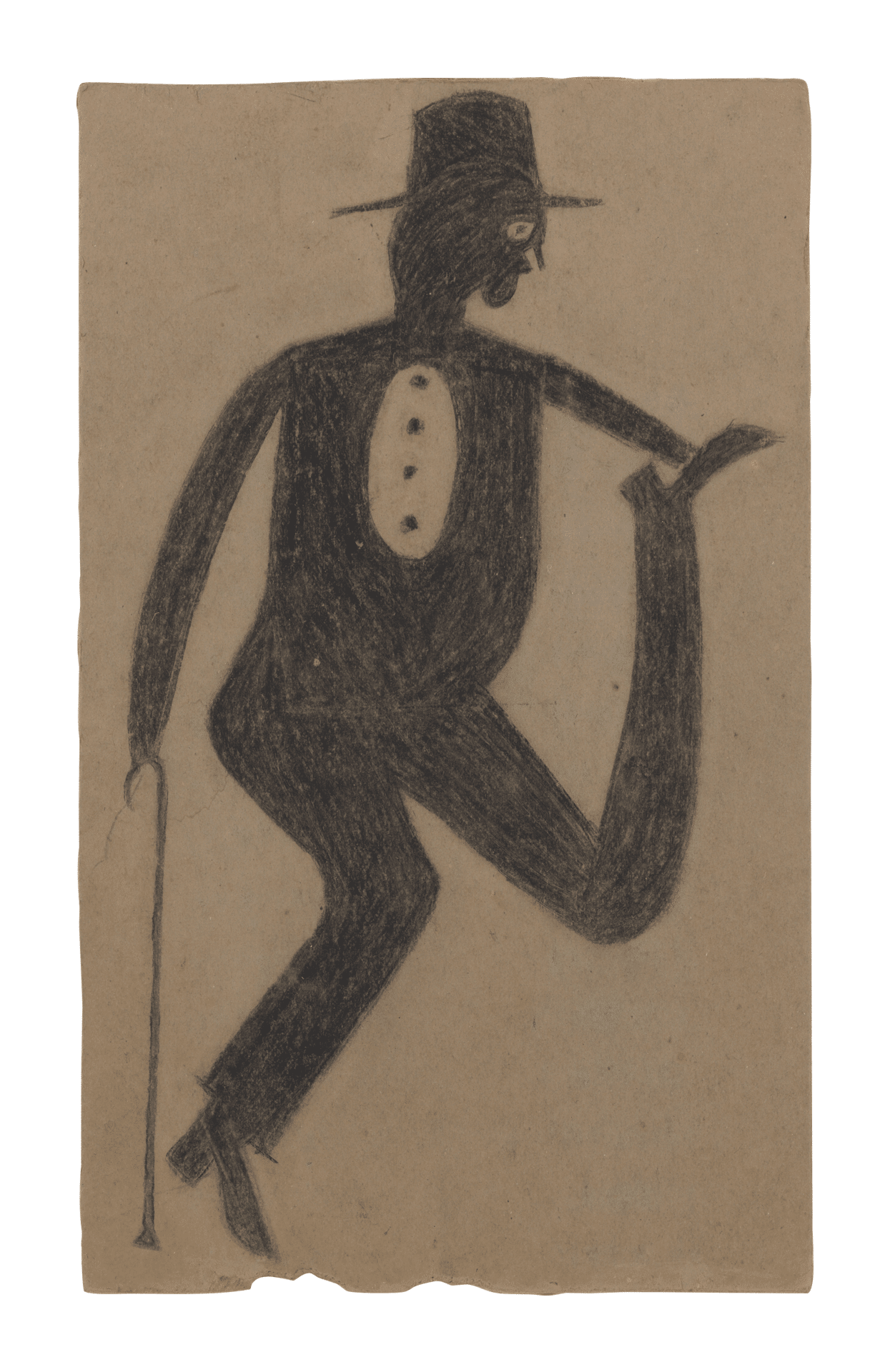 A mixed media work on cardboard by Bill Traylor, titled Man with Cane Grabbing Foot, 1939 to 1942.