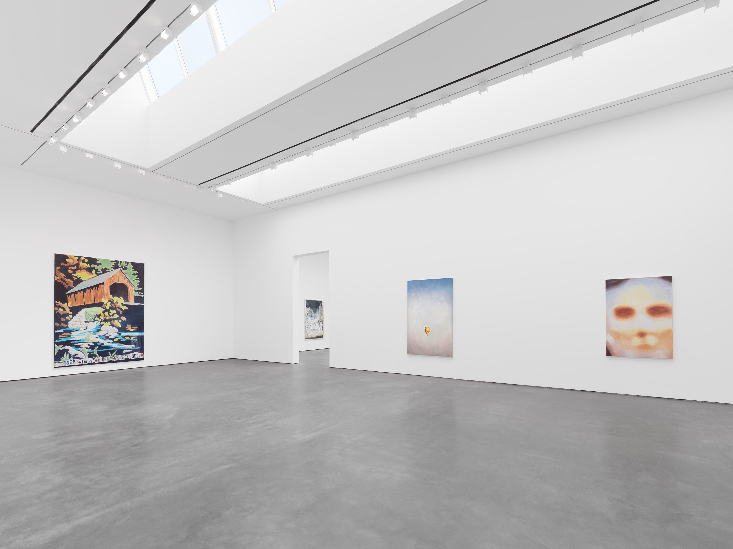 An installation view of the exhibition, Luc Tuymans: The Barn, at David Zwirner in New York, dated 2023.
