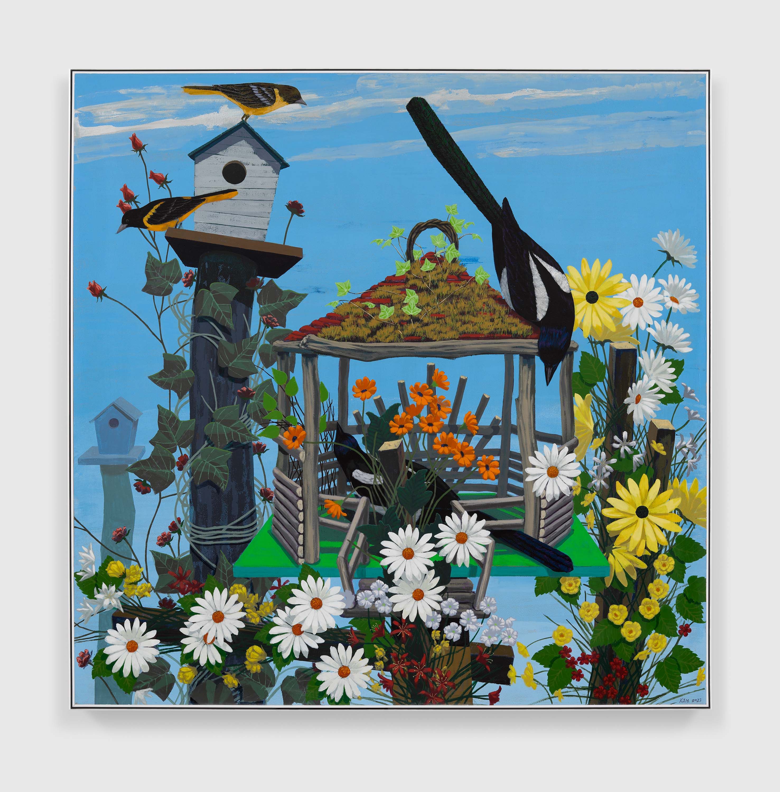 A painting by Kerry James Marshall, titled Black and Part Black Birds in America: (Magpies and Baltimore Orioles), dated 2023.