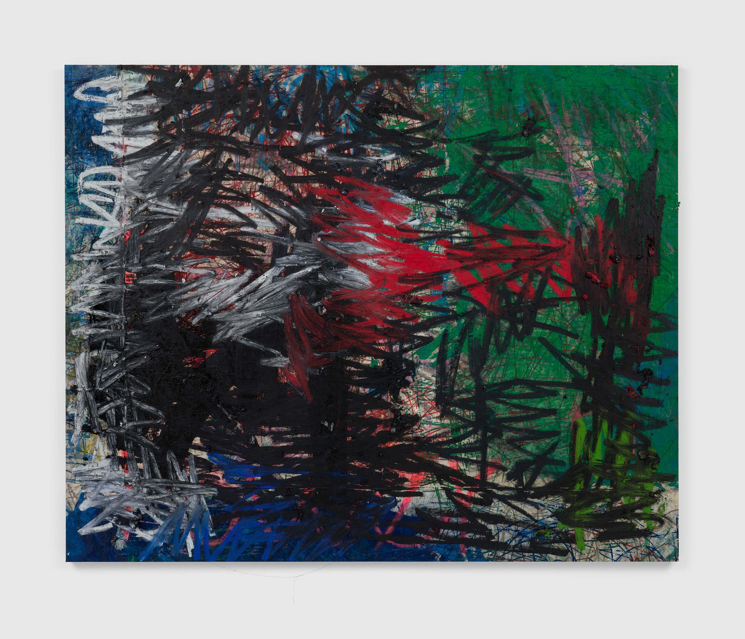 An oil, oil stick, graphite, and spray paint on canvas and linen artwork by Oscar Murillo, titled manifestation, 2020 to 2022.