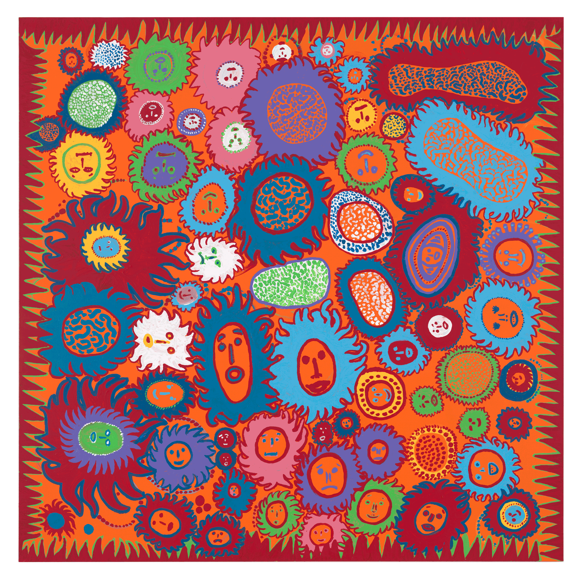 A painting by Yayoi Kusama, titled PRAYING FOR PEACE IN THE WORLD‚Äã, dated 2013. 