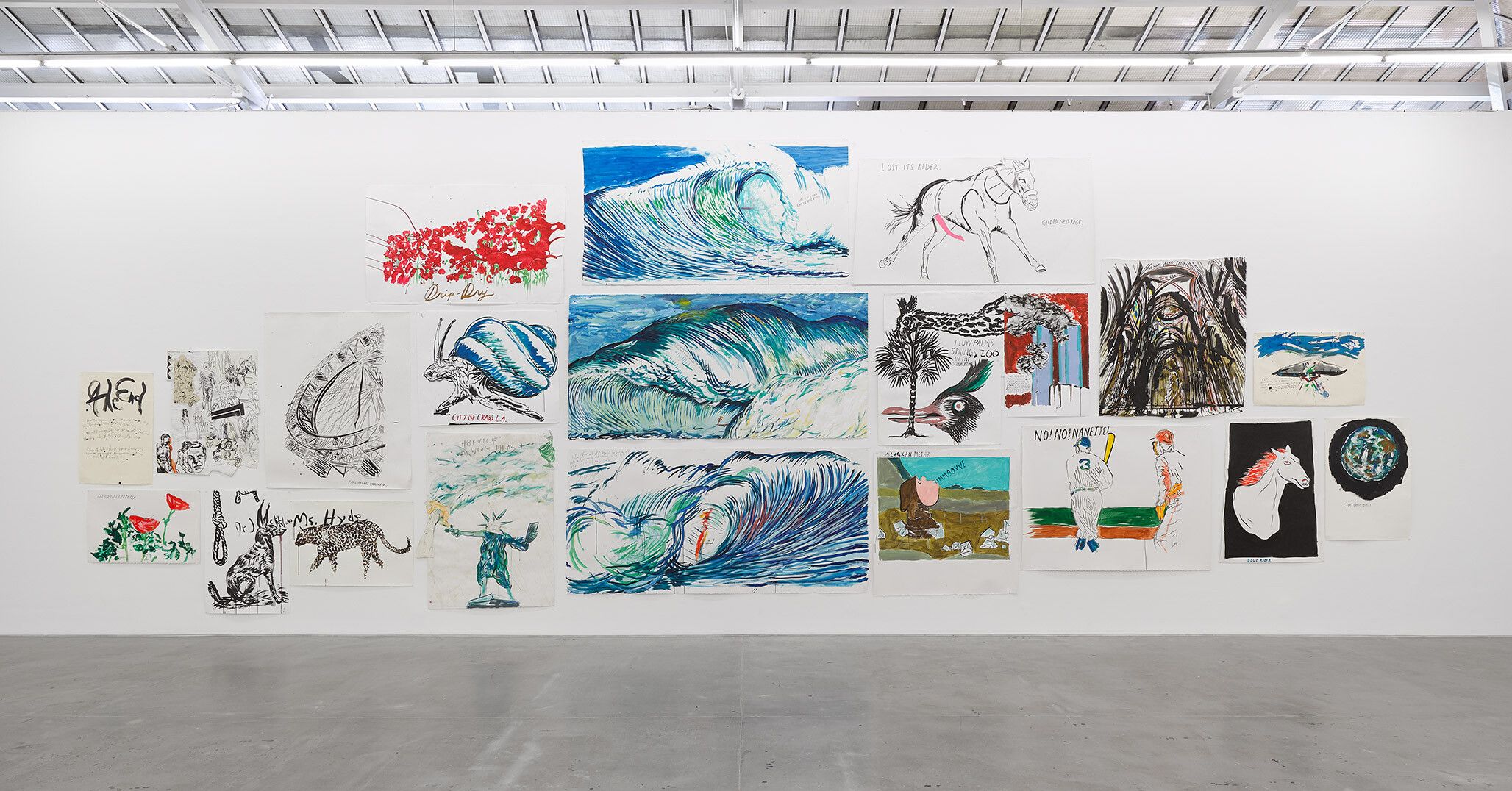 An installation view of an exhibition titled  Raymond Pettibon Frenchette, at David Zwirner, Paris, in 2019.