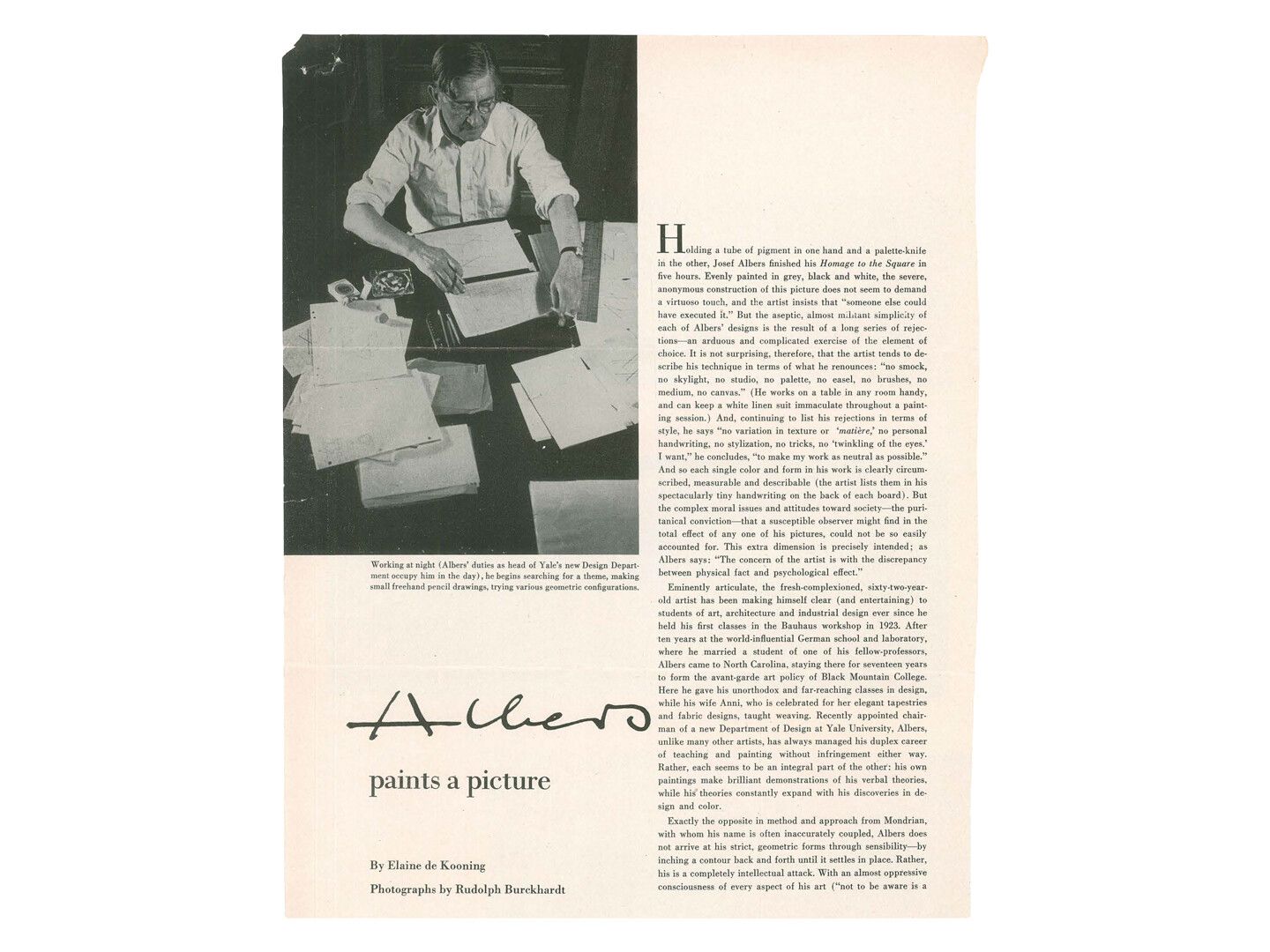 A photo of a profile of Josef Albers in a magazine from 1950, written by Elaine de Kooning.