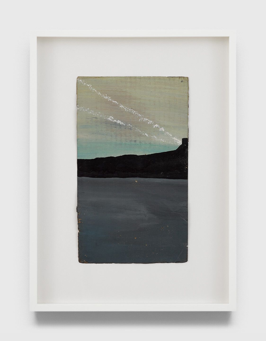 An undated oil painting on cardboard by Frank Walter, titled Untitled (Mountain, sea, and white lines of sunshine).