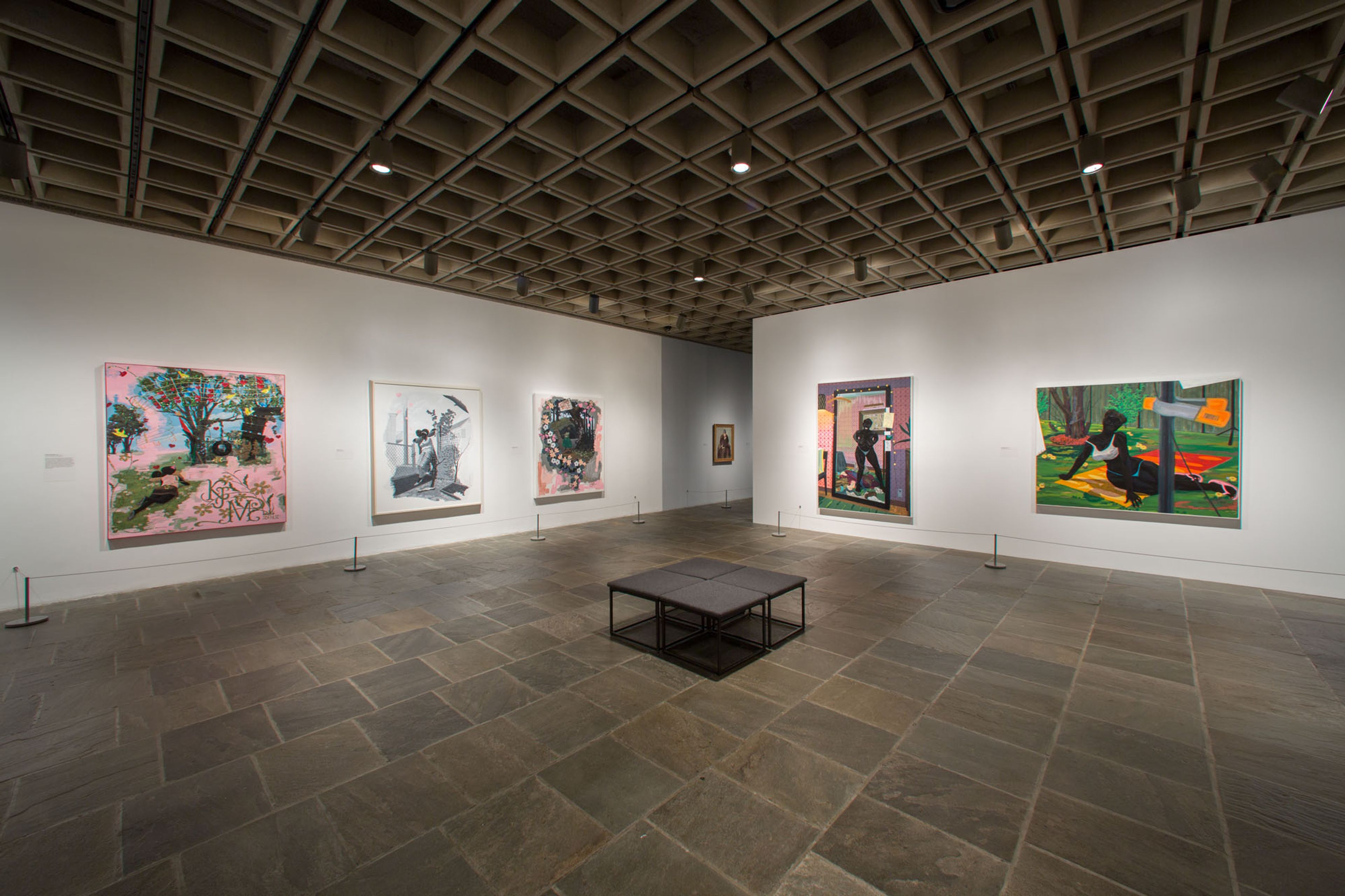 Installation view of the exhibition Kerry James Marshall: Mastry at the Met Breuer in New York, dated 2016 through 2017.