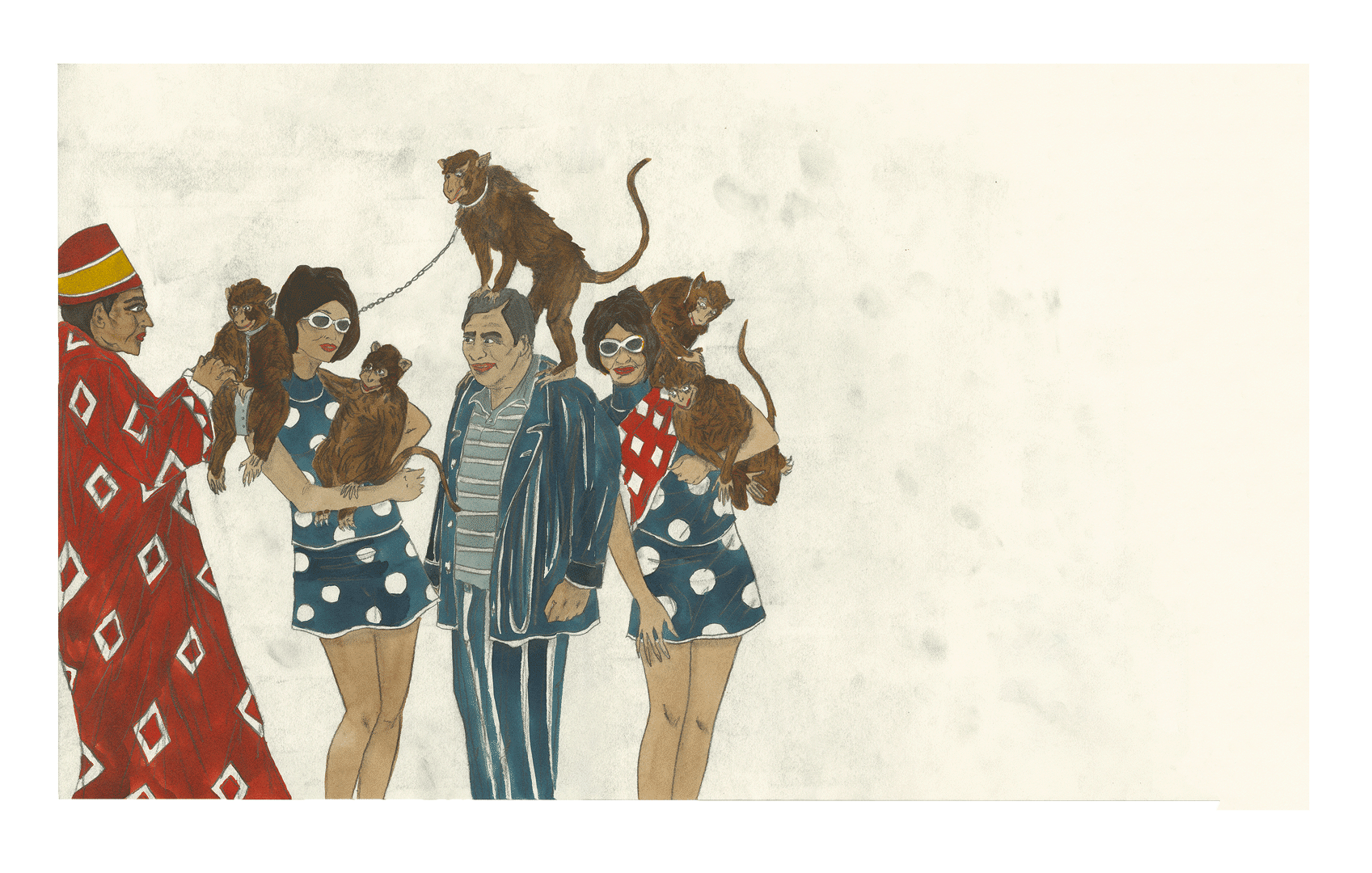 A work on paper by Marcel Dzama titled Tourists and monkey trainers on Jemaa el-Fnaa marketplace, dated 2018.