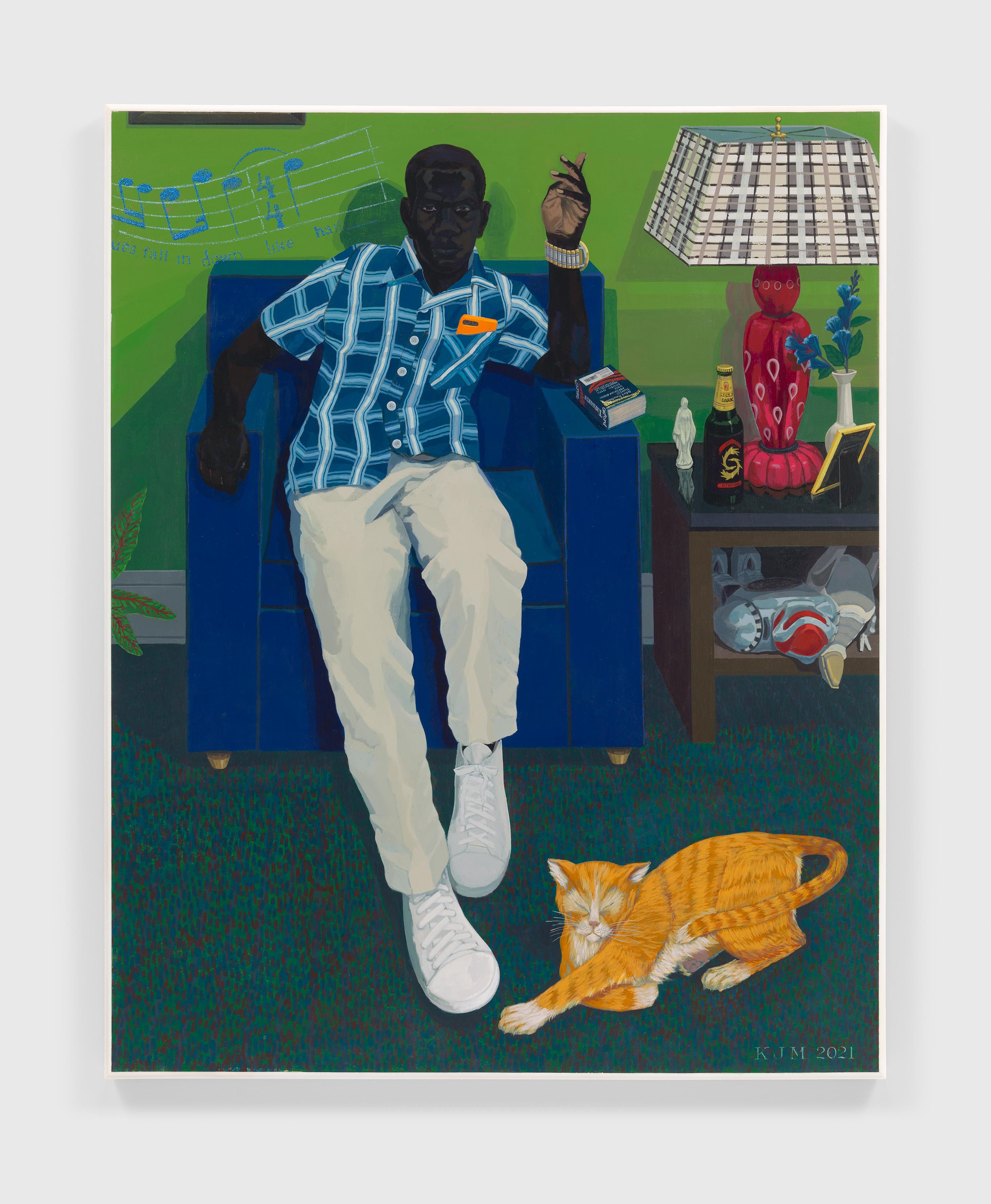 A painting by Kerry James Marshall, titled A lithe young man..., dated 2021.