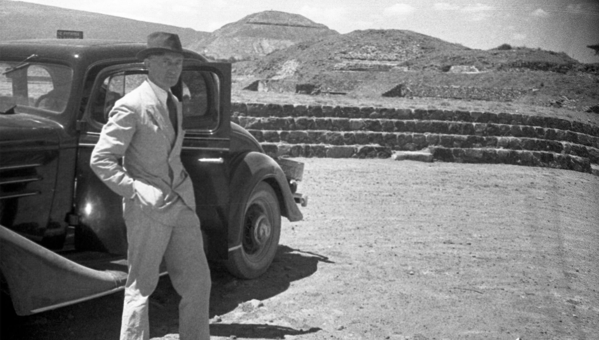 A photo of Josef Albers with the Alberses’ car, Teotihuacán, Mexico, 1936. Photographer unknown, courtesy of the Josef and Anni Albers Foundation