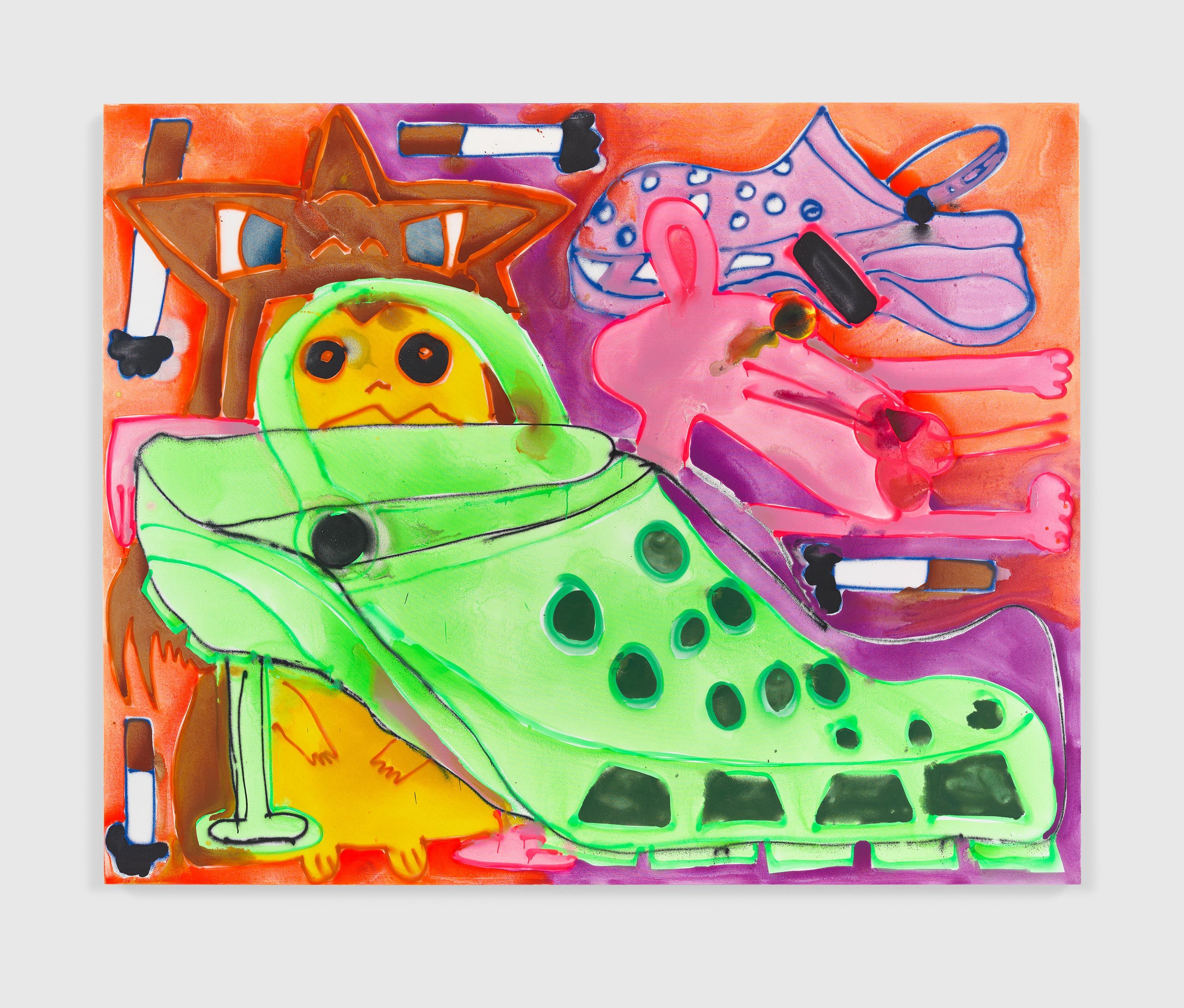 An acrylic and spray paint on canvas artwork by Katherine Bernhardt, titled Green Balenciaga Croc Poncho Pikachu Panther Cigarettes, dated 2021.