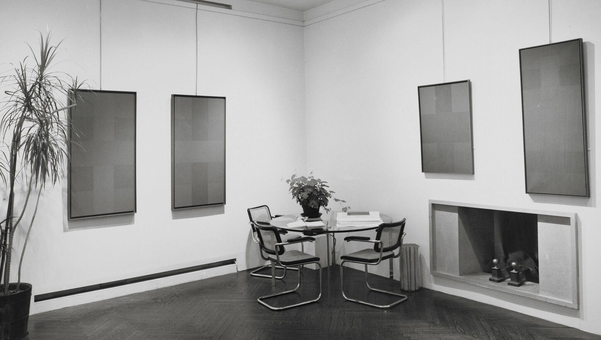 An installation view of an exhibition titled Ad Reinhardt, at Stable Gallery, New York, in 1965.