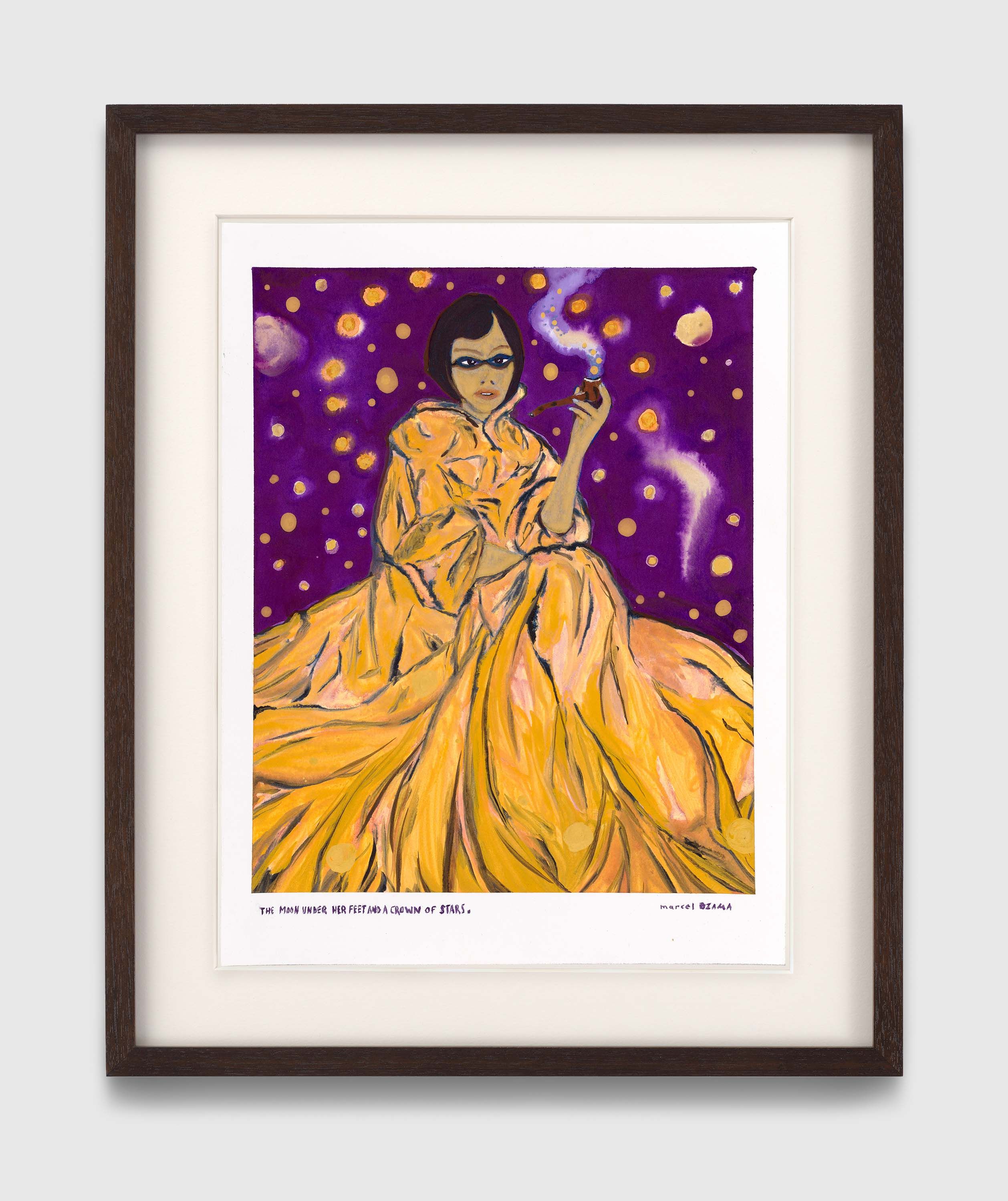 A work on paper by Marcel Dzama, titled The moon under her feet and a crown of stars, dated 2022.
