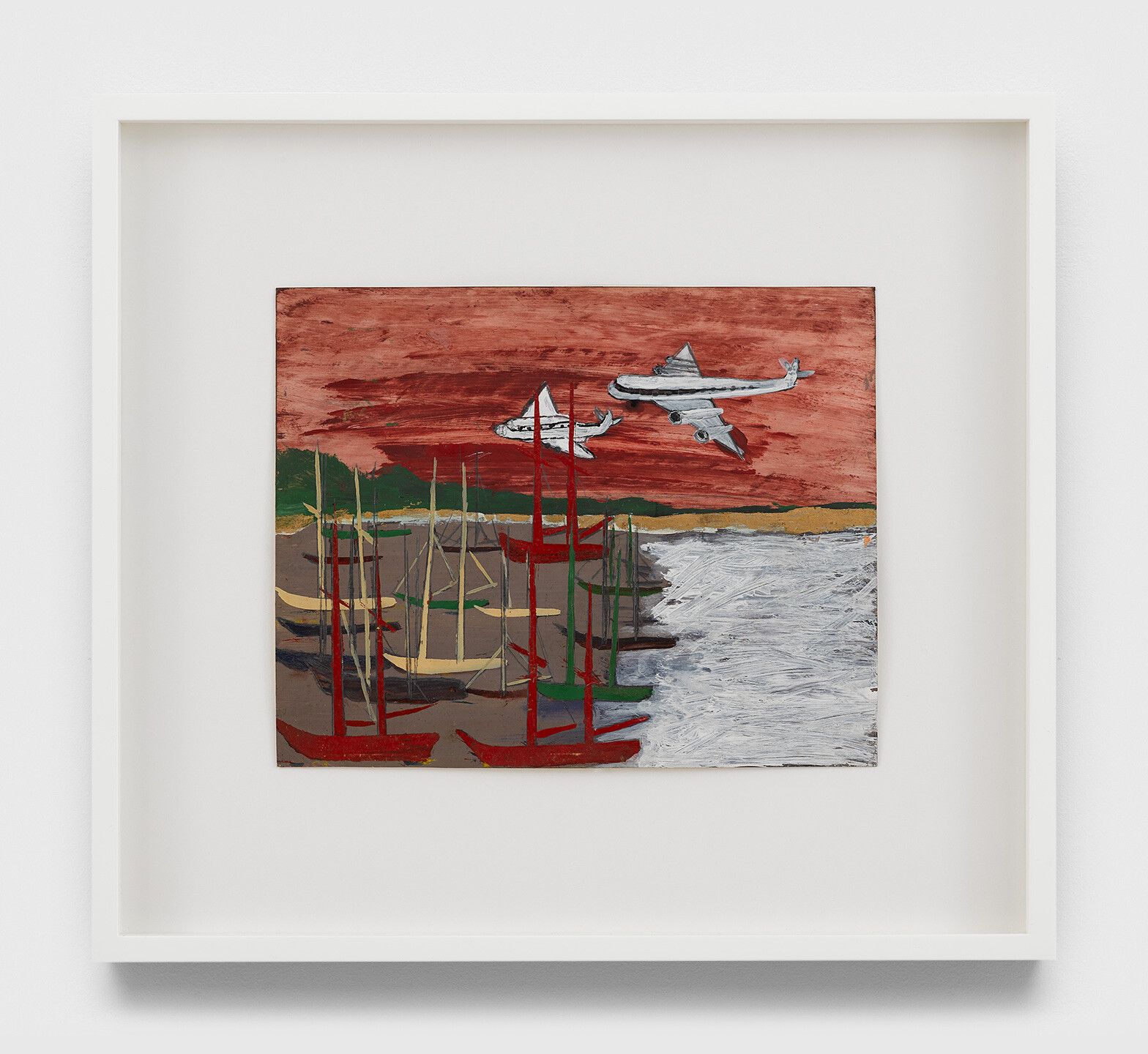 An oil painting on back of photograph mounted to cardstock by Frank Walter, titled Untitled (Airplanes over boats in harbor).