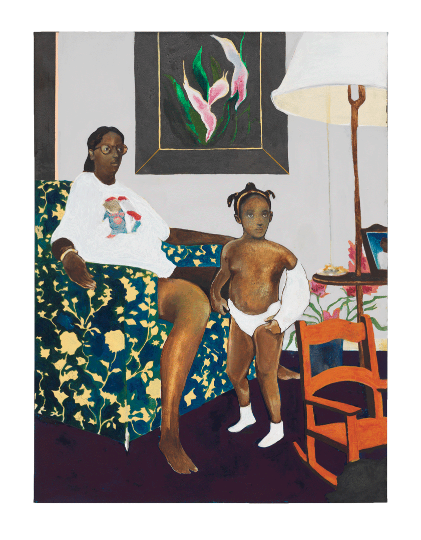 A painting by Noah Davis, titled Single Mother with Father Out of the Picture, dated 2007â€“2008.