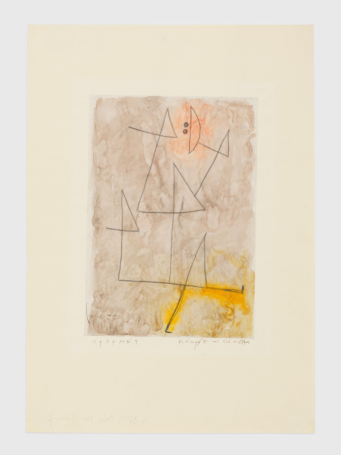A work on paper on cardboard by Paul Klee, titled K√§mpft mit sich selber (Struggles with himself), dated 1939.