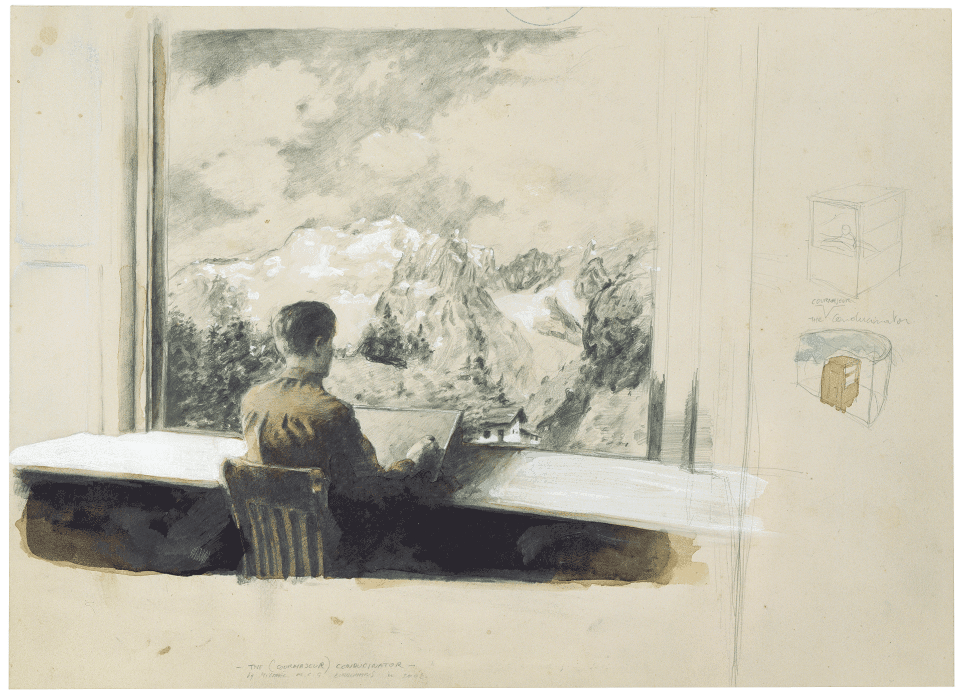 A watercolor by Michael Borremans, titled The (Courmajeur) Conducinator, dated 2002.
