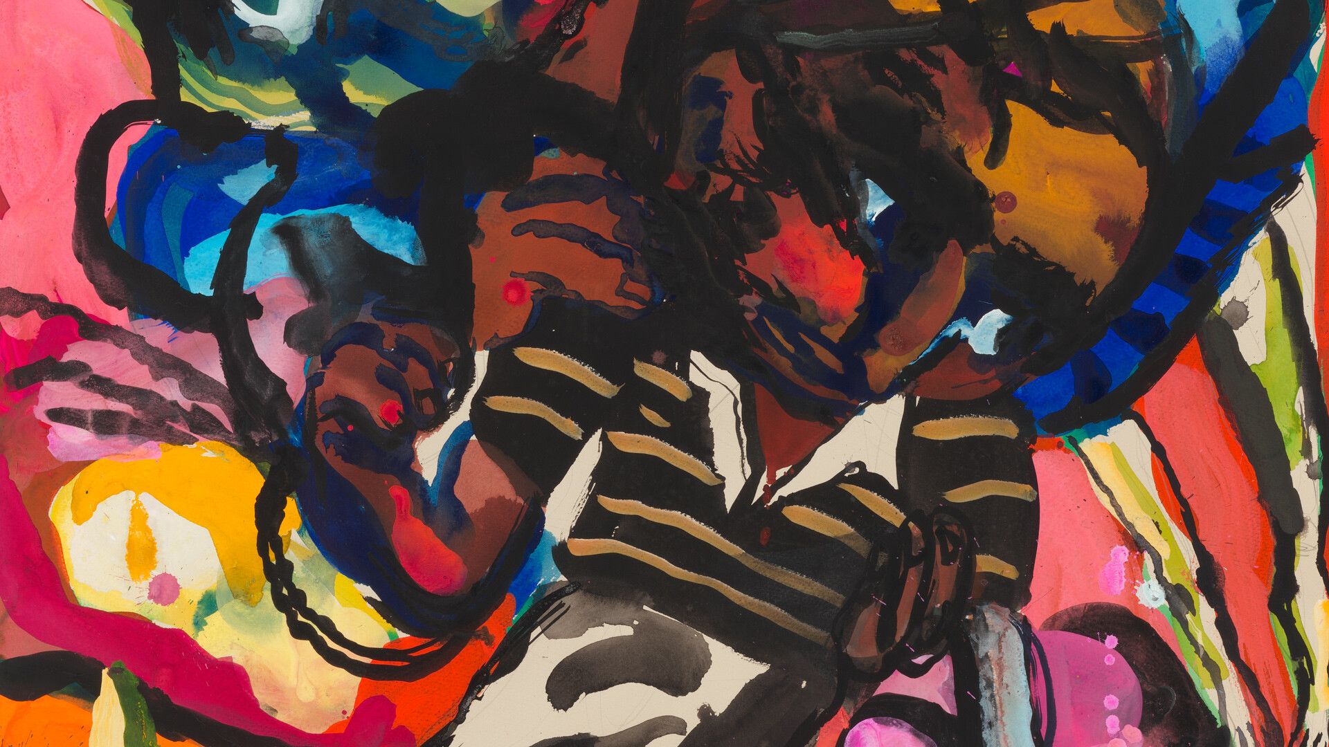 A detail of a gouache and graphite work on paper by Dana Schutz, titled Floating Pieta, dated 2020.
