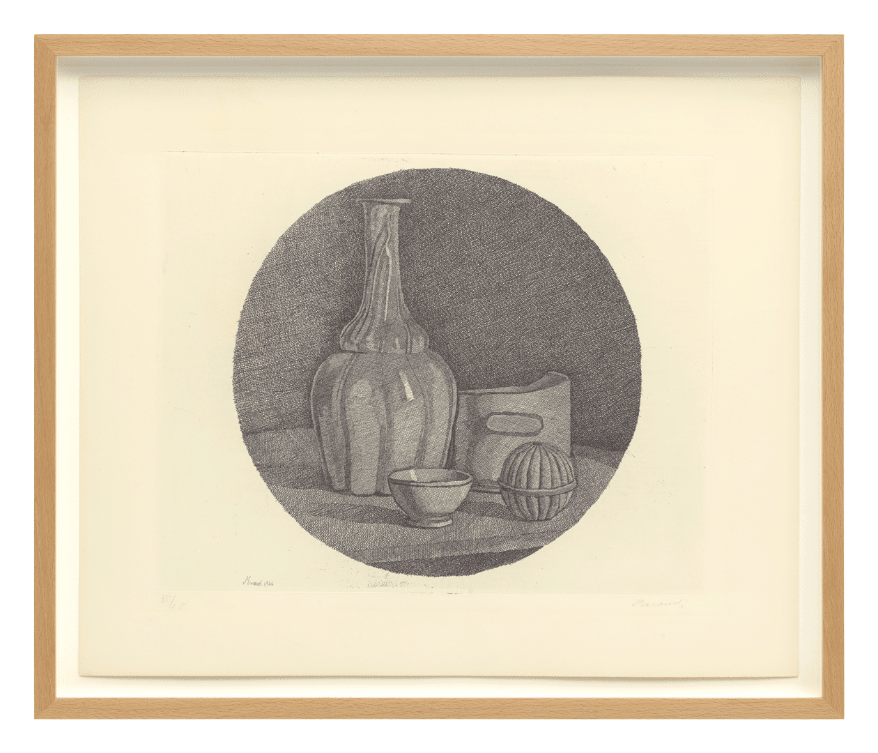 An etching on paper by Giorgio Morandi, titled Grande natura morta circolare con bottiglia e tre oggetti (Large circular still life with bottle and three objects), dated 1946.