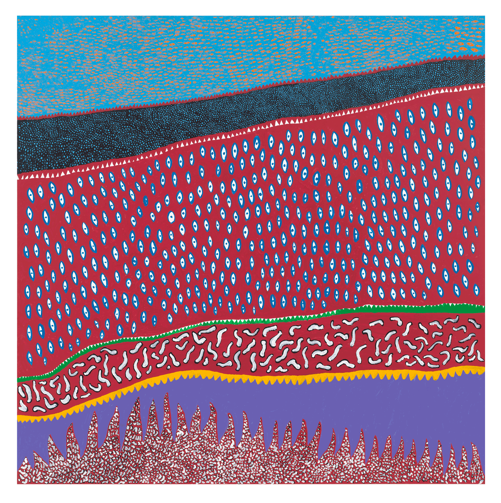 A painting by Yayoi Kusama, titled Resting At The Riverside, dated 2014.