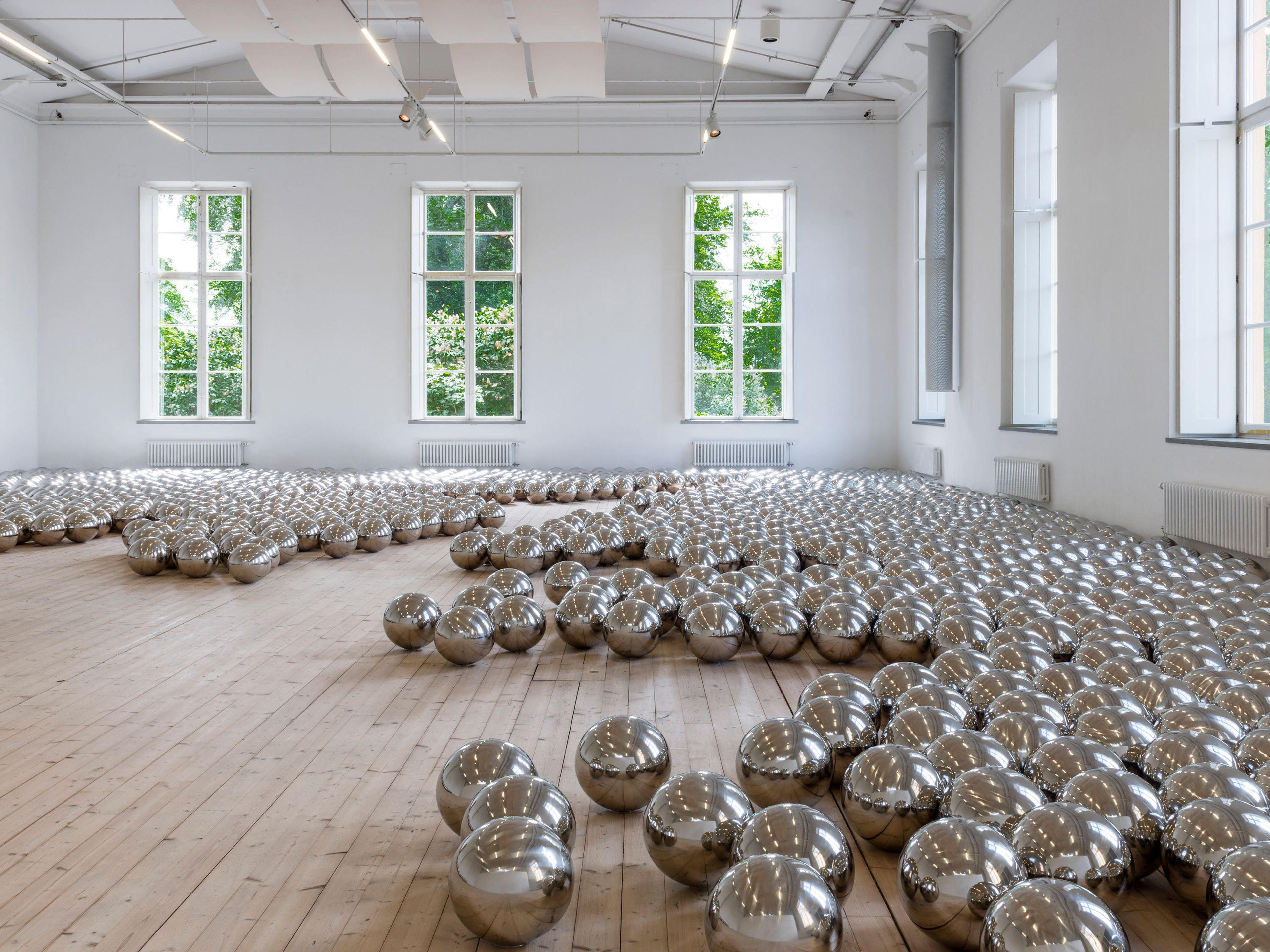 Installation view of Yayoi Kusama's Narcisssus Garden in the solo exhibition titled YAYOI KUSAMA, IN INFINITY, at Moderna Museet in Stockholm in 2016.