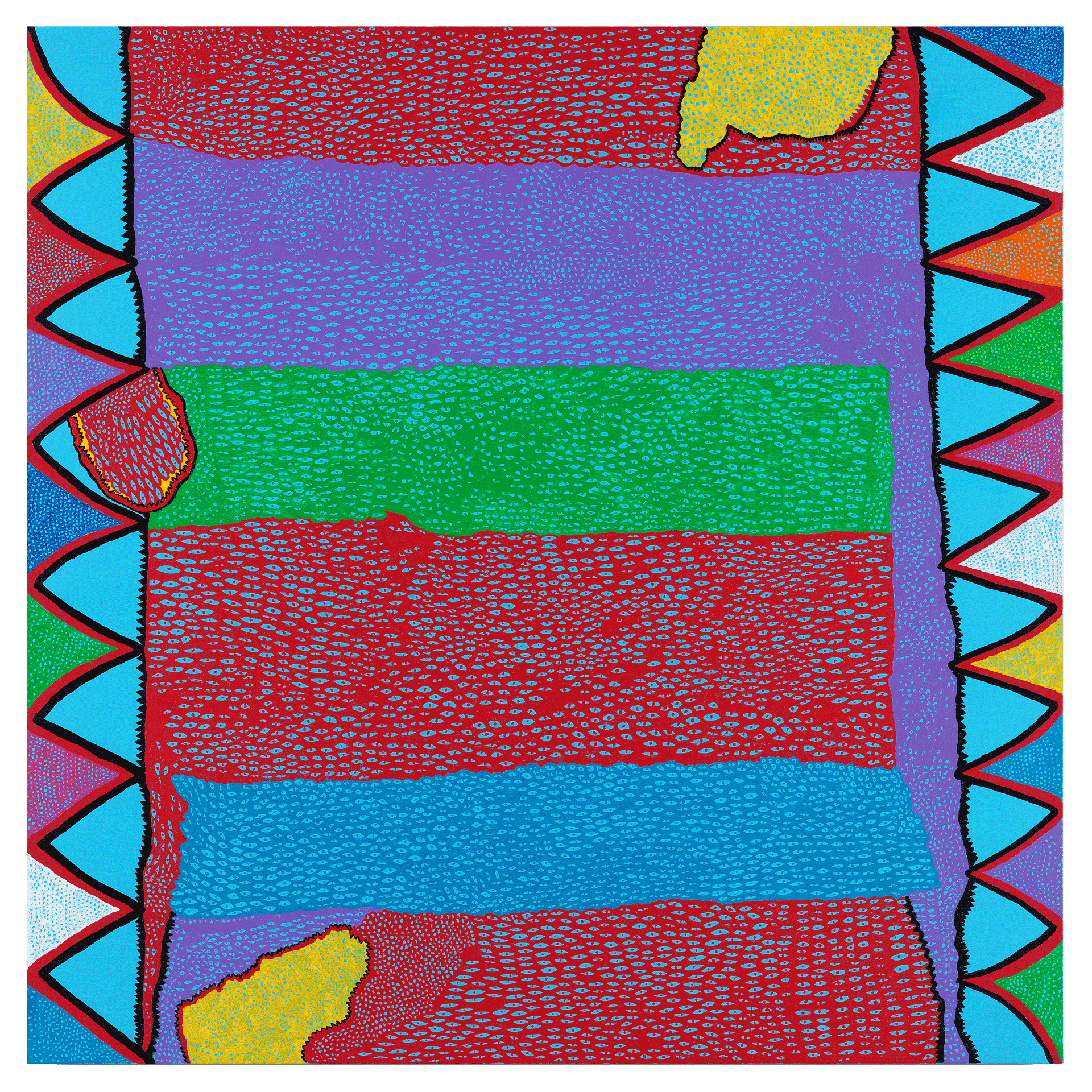 A painting by Yayoi Kusama, titled Distance of Life, dated 2014.