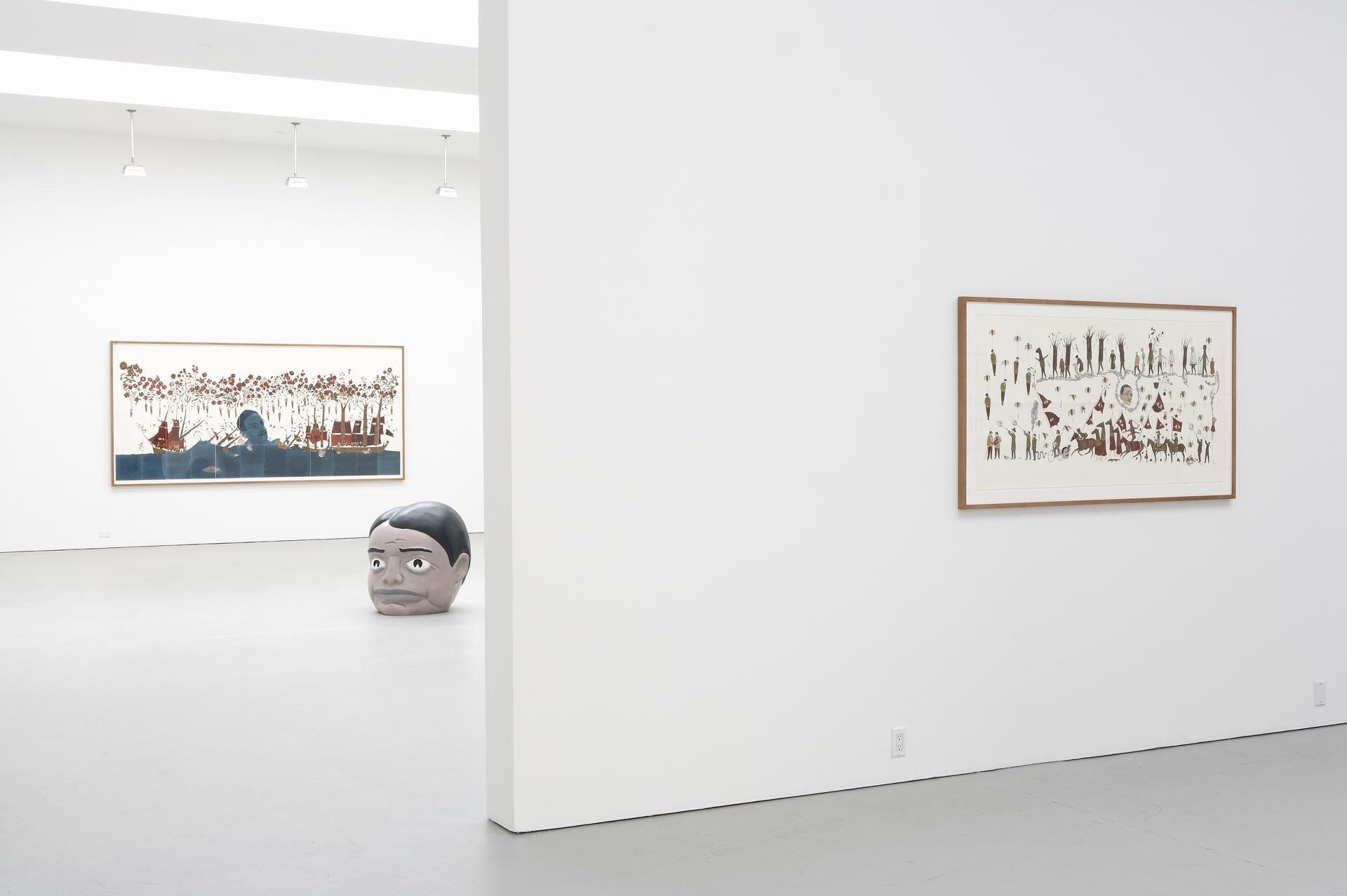 An installation view of the exhibition Marcel Dzama: The Course of Human History Personified, at David Zwirner New York, dated 2005.