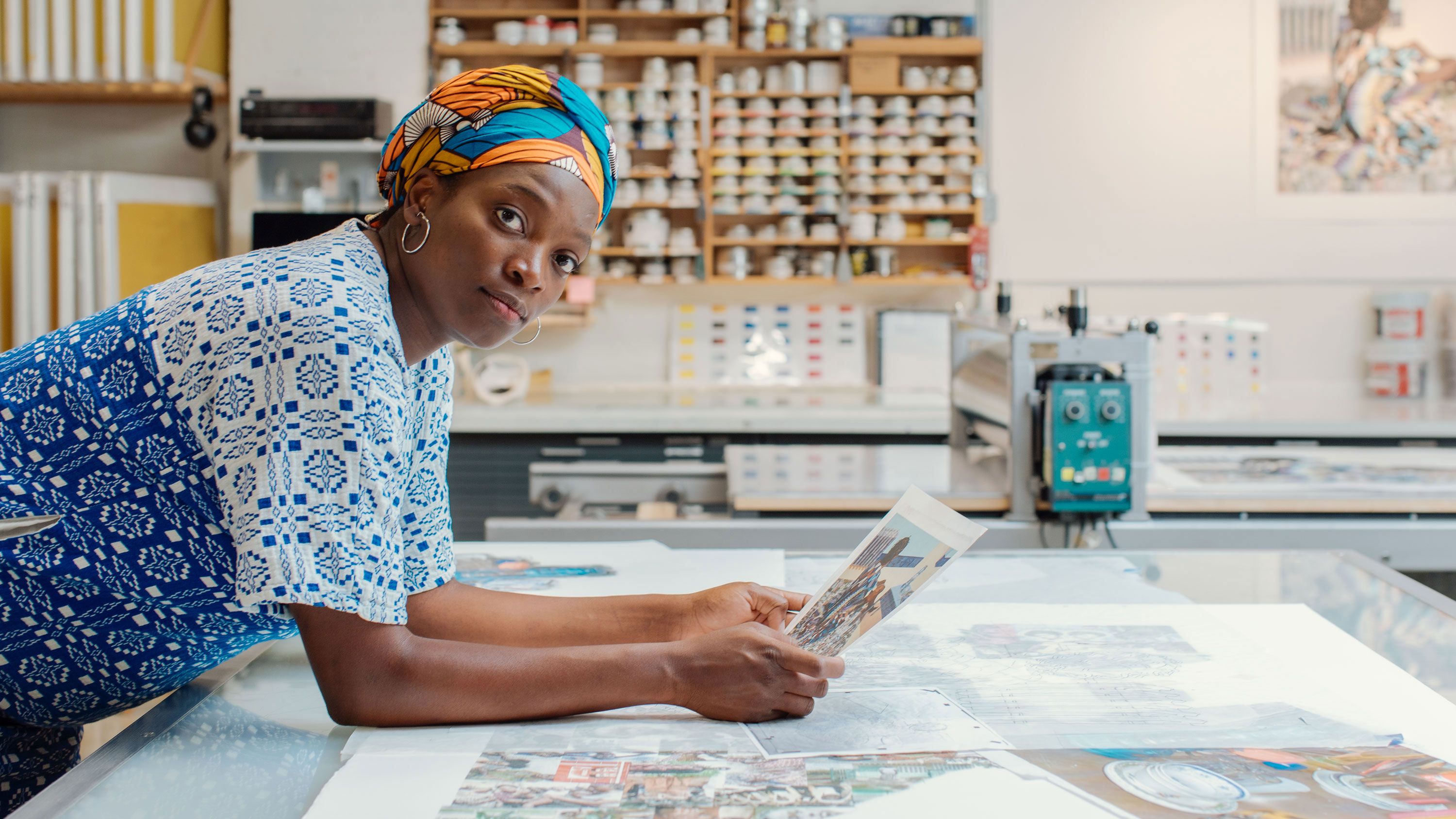 An image of Njideka Akunyili Crosby at Highpoint Center for Printmaking, Minneapolis, 2023. Photo by Bobby Rogers