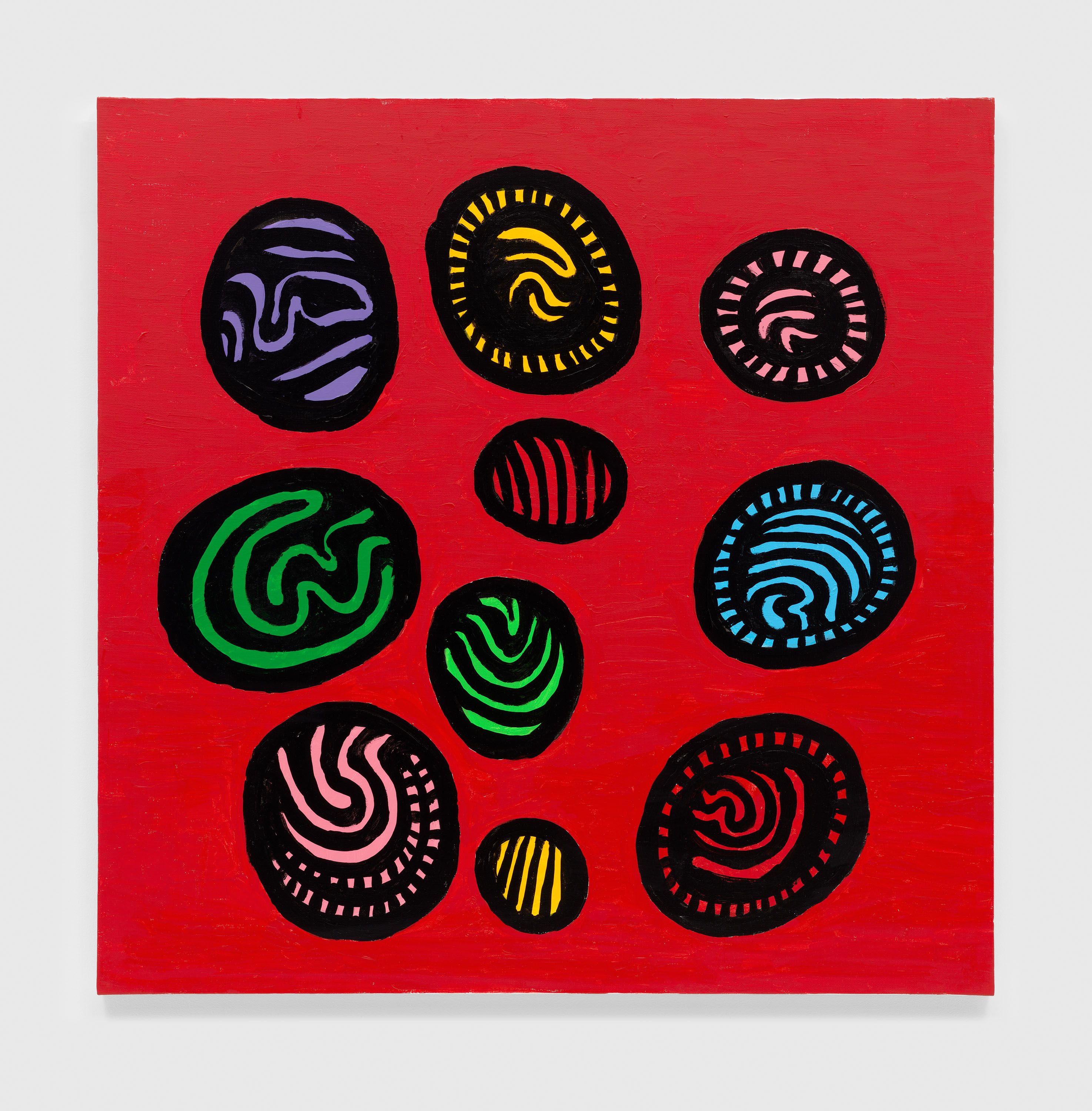 A painting by Yayoi Kusama, titled I WHO ASPIRED TO THE BEAUTY OF A BRILLIANT RED SUNSET GLOW, dated 2020.