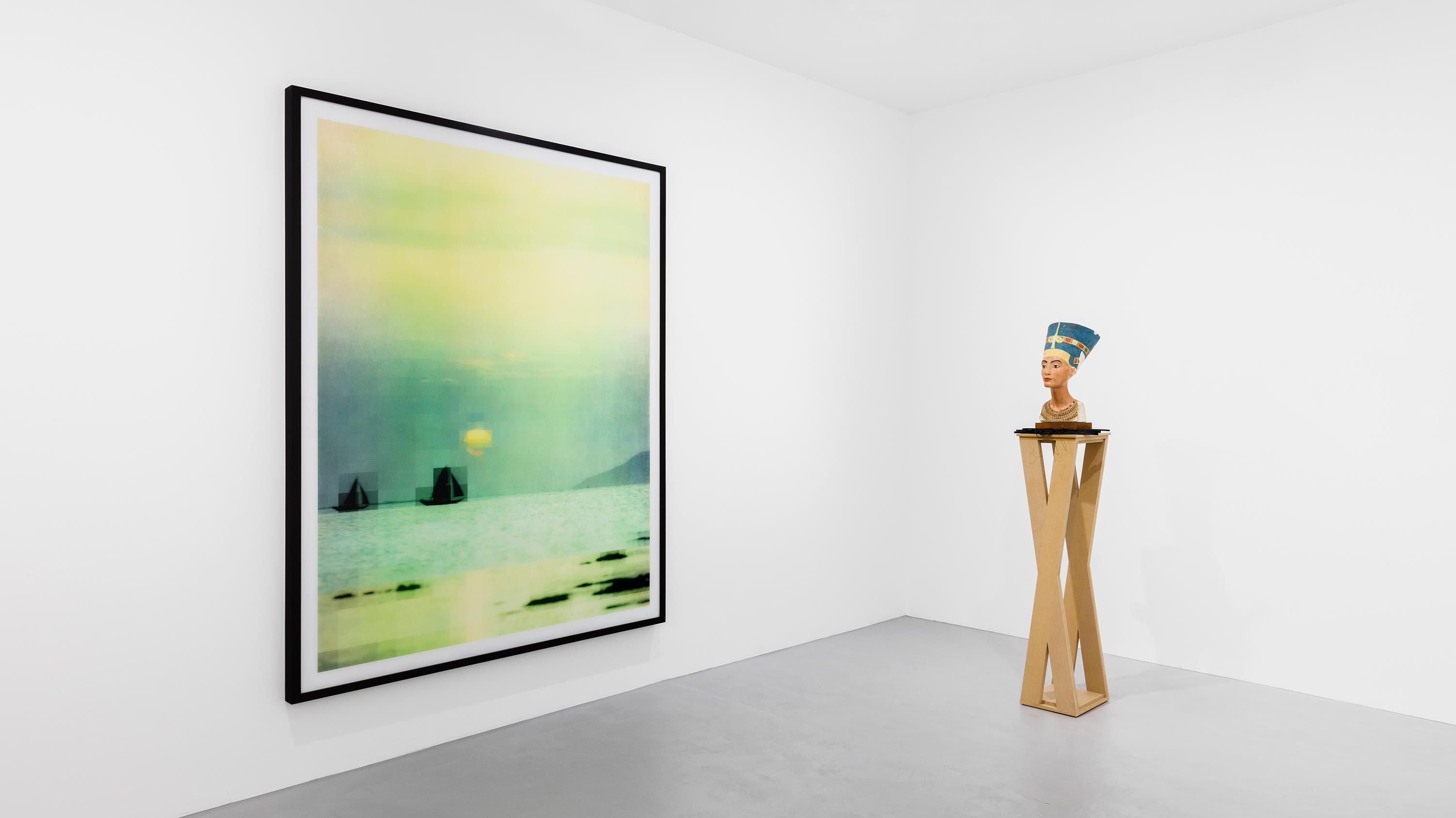 Installation view, Program, David Zwirner, Paris, 2021, featuring works, from left, by Thomas Ruff and Isa Genzken