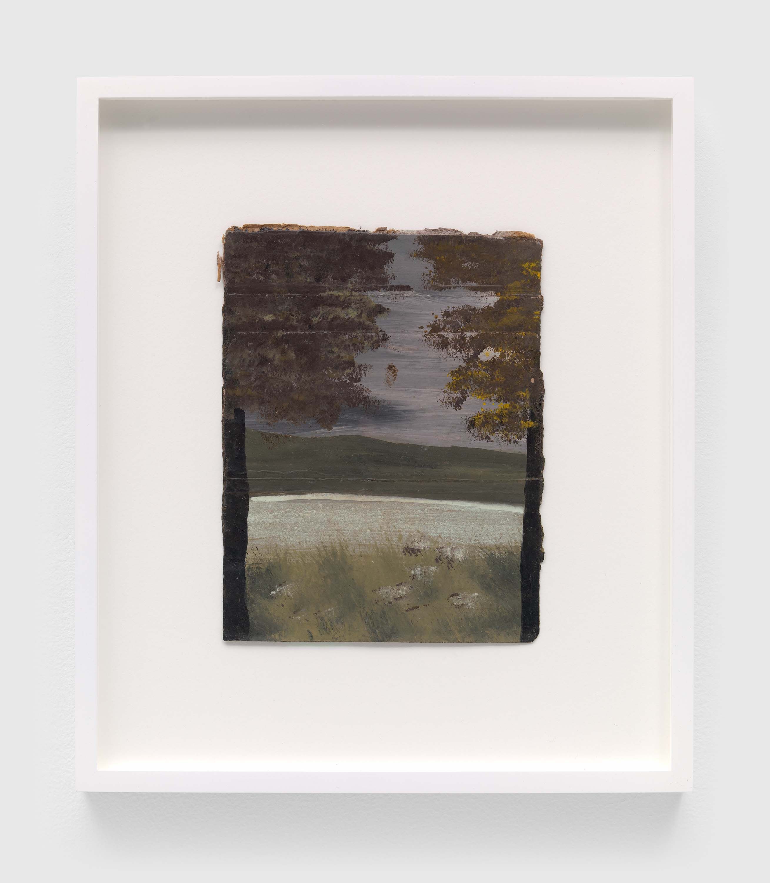 An oil on single-ply cardboard artwork by Frank Walter, called Untitled (Dark Lavender Sky, Two Trees, White Water), n.d.