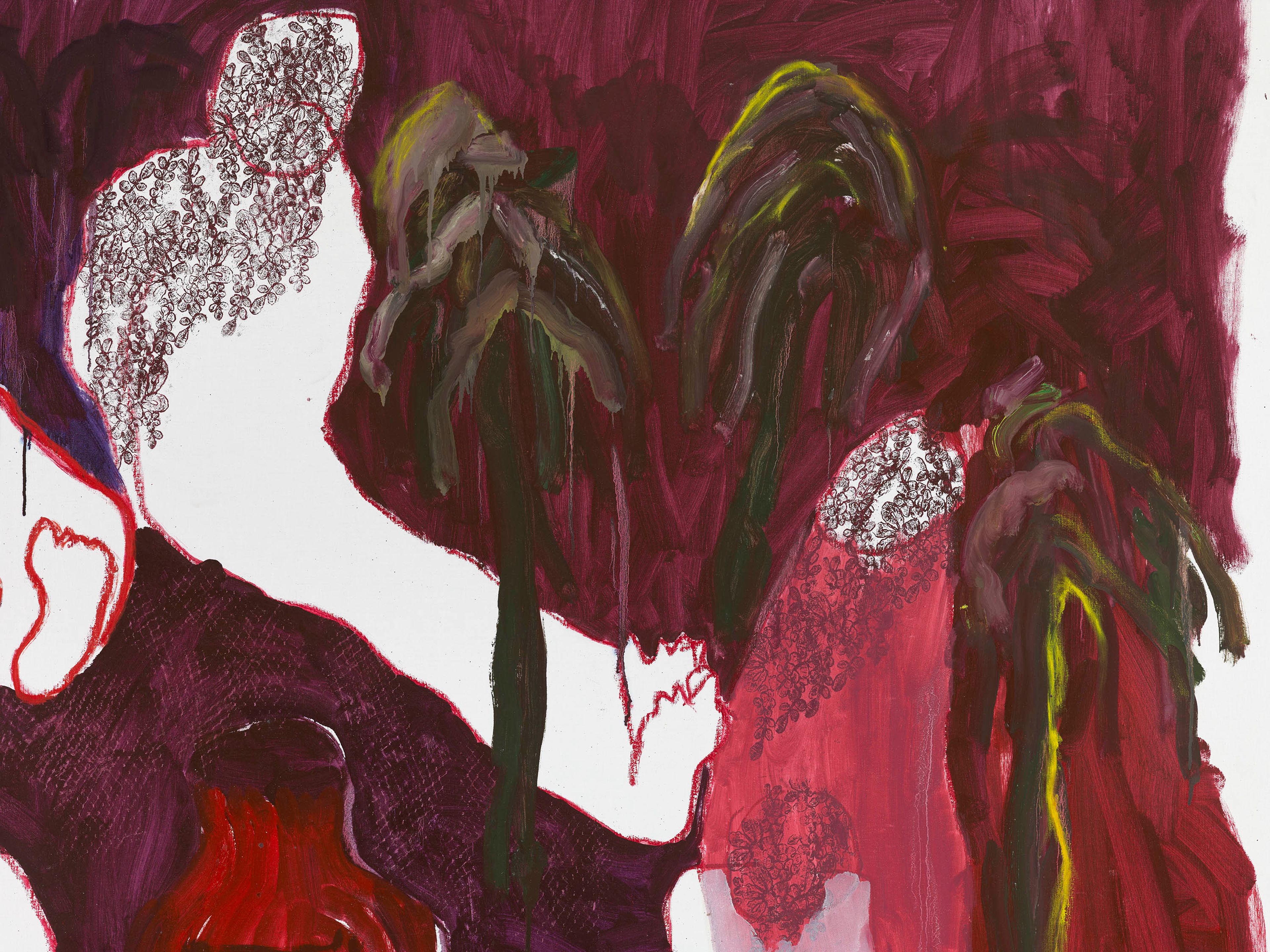 A detail from a painting by Portia Zvavahera, titled Kutsipikwa muhari, dated 2025.