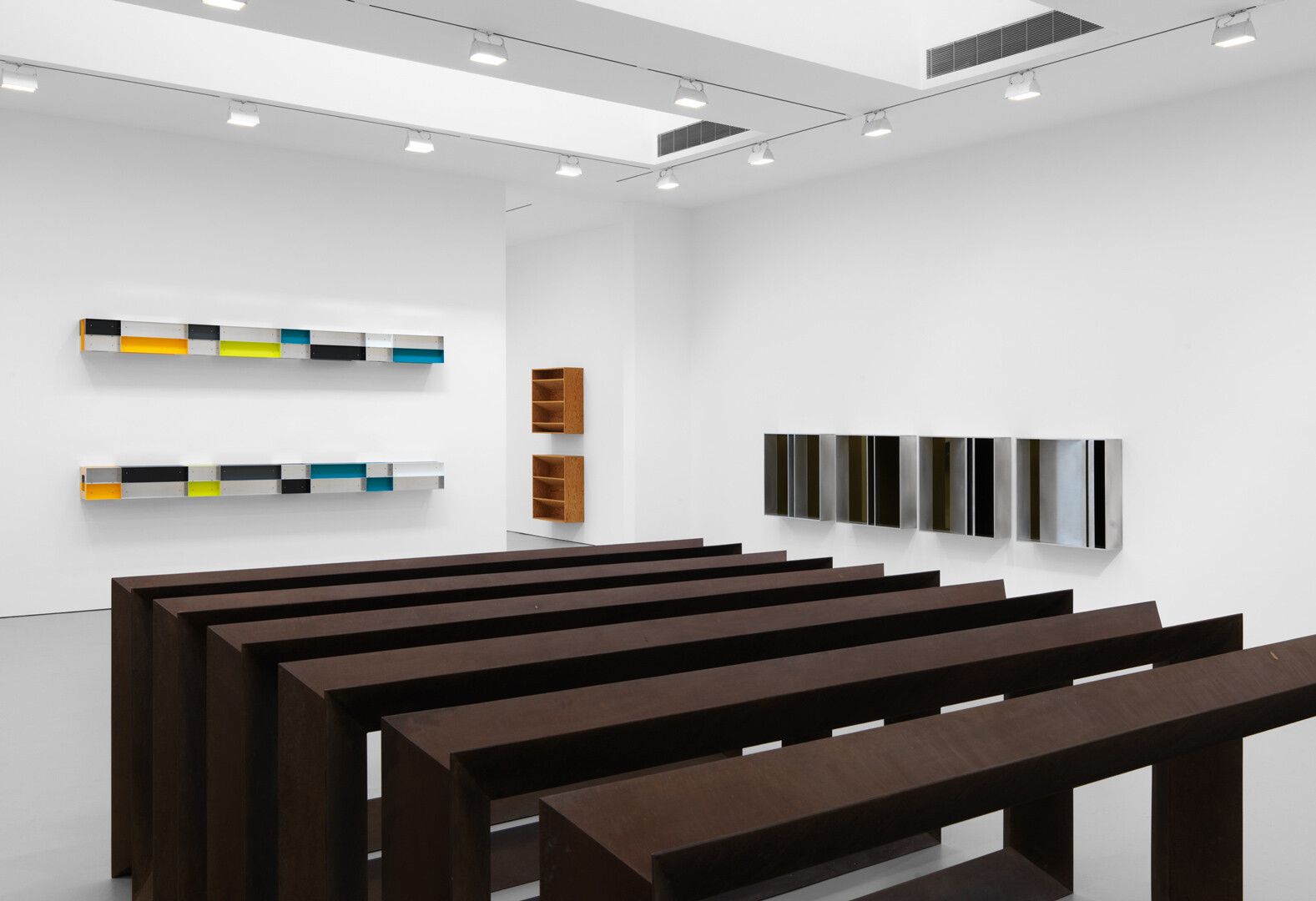 An installation view of an exhibition titled Donald Judd Artworks: 1970–1994, at David Zwirner, New York, in 2020.