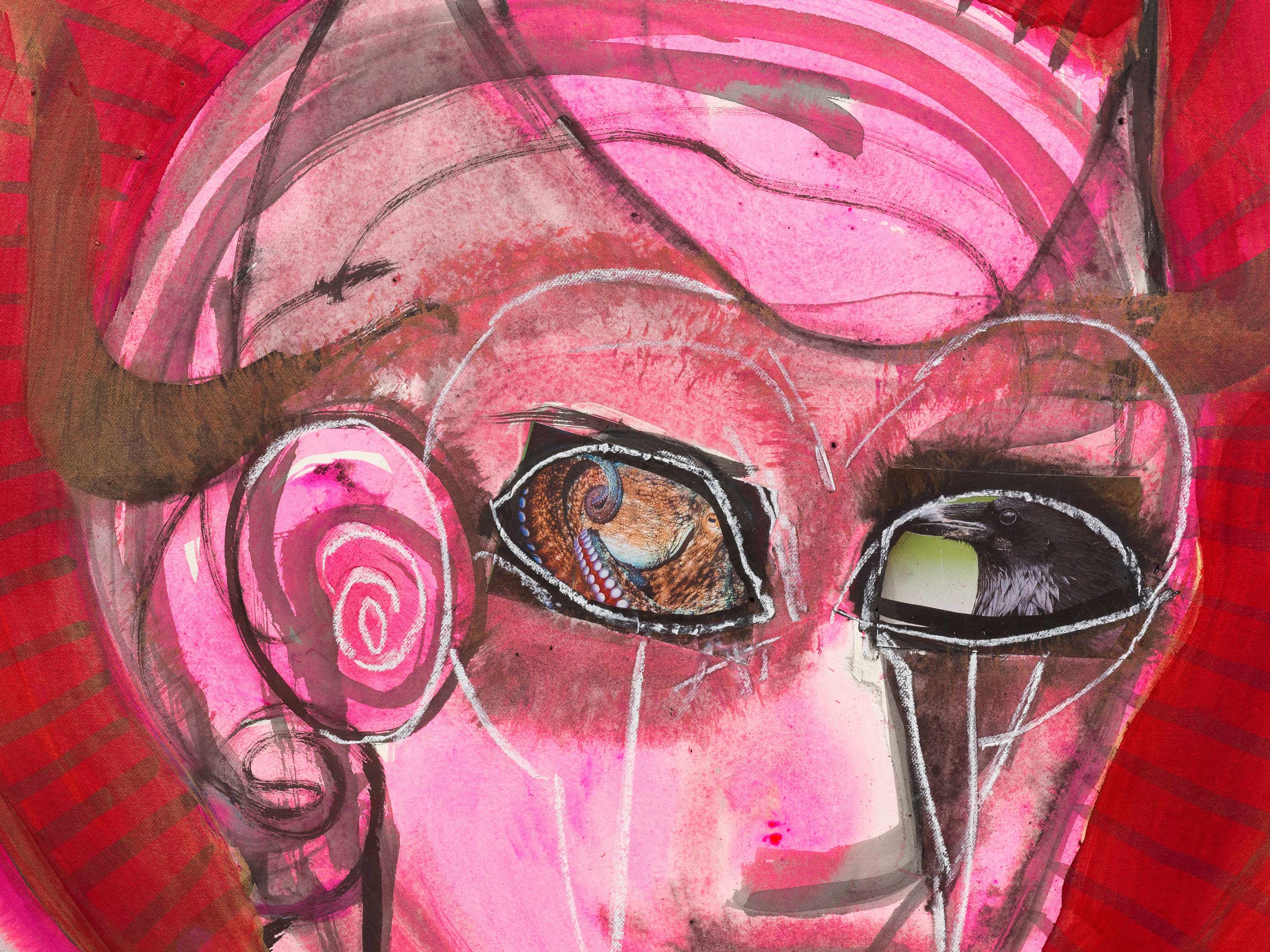 A detail from an untitled work on paper by Huma Bhabha, dated 2025.