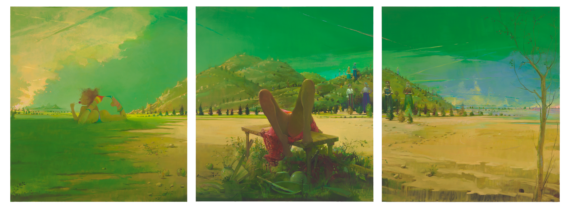 A painting by Lisa Yuskavage, titled Triptych, dated 2010 to 2011.