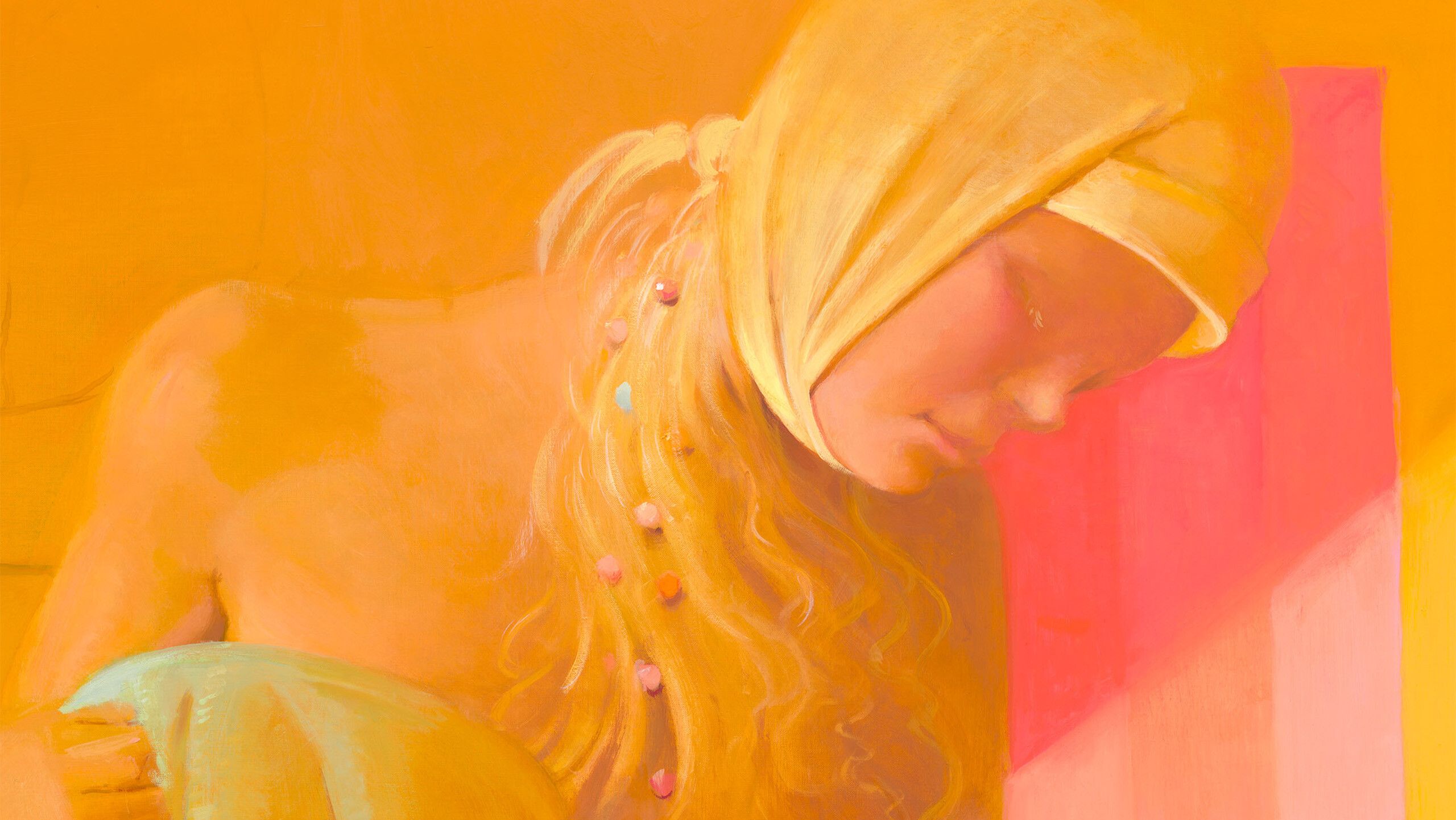 A girl with a hairband looking down to her feet, a detail view of Lisa Yuskavage's work titled Yellow Studio created in 2021