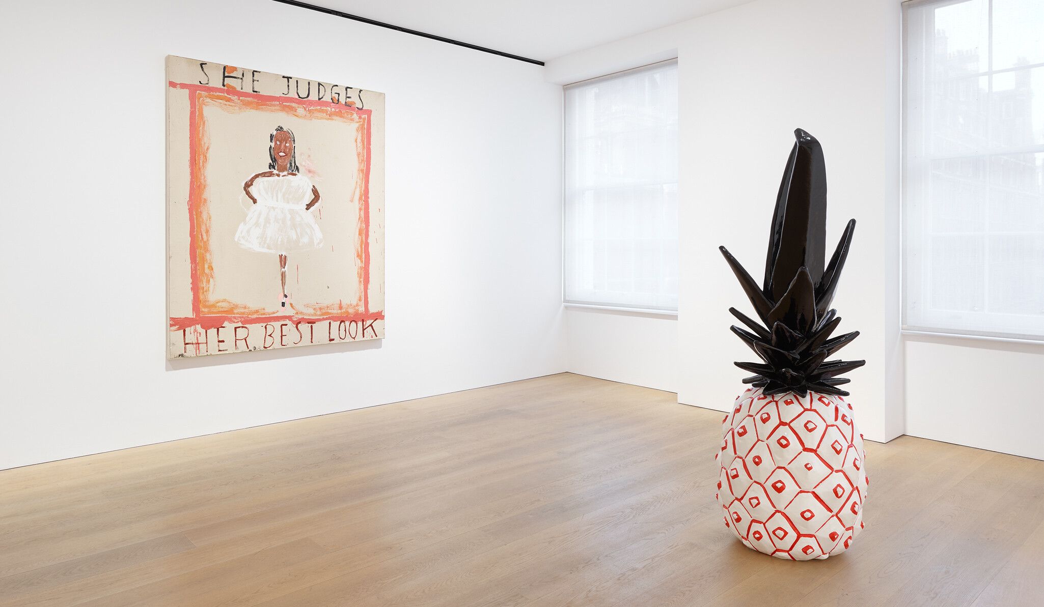 Installation view of She Judges Her Best Look and Pineapple