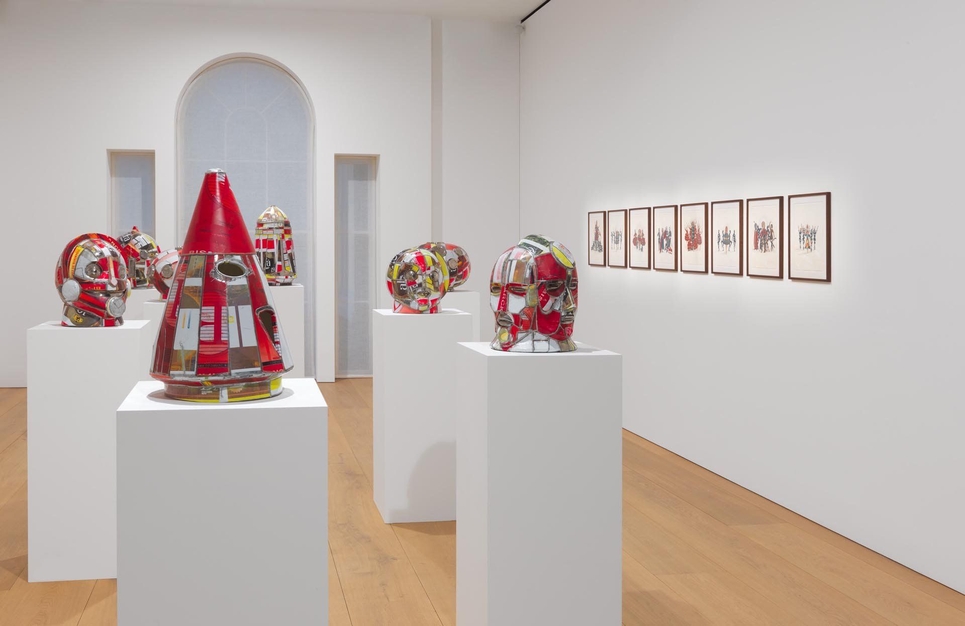 Installation view of the exhibition Marcel Dzama: Puppets, Pawns, and Prophets, at David Zwirner in London, dated 2013.