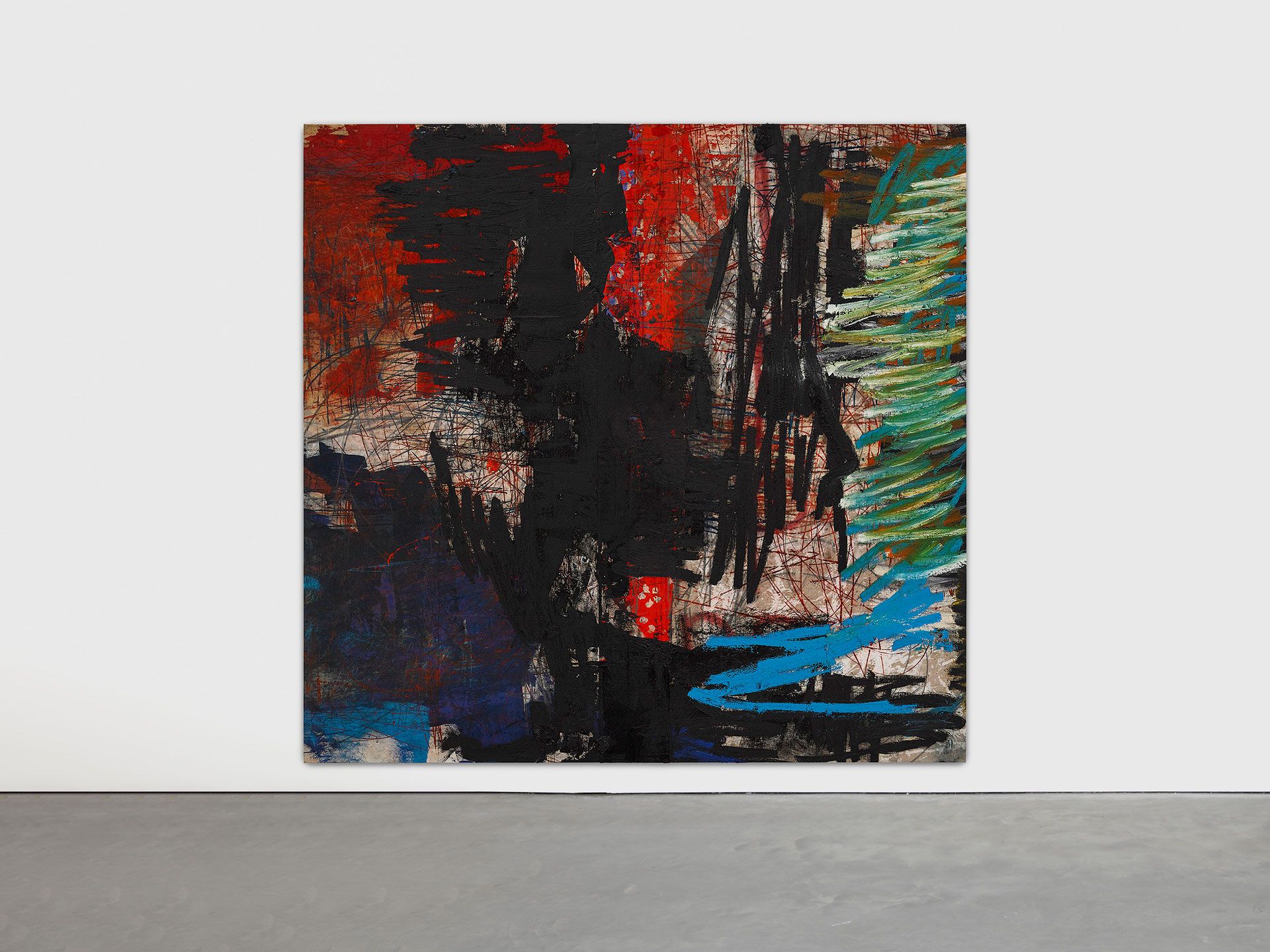 An installation view of a painting by Oscar Murillo titled manifestation, dated 2019-2020.
