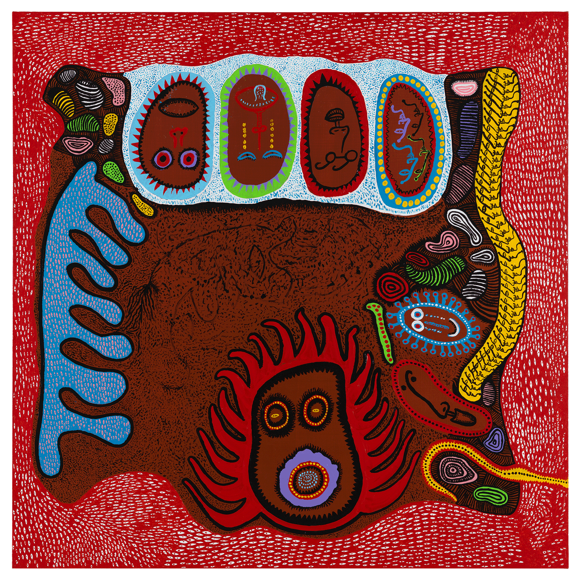 A painting by Yayoi Kusama, titled The Far End of My Sorrow, dated 2015.