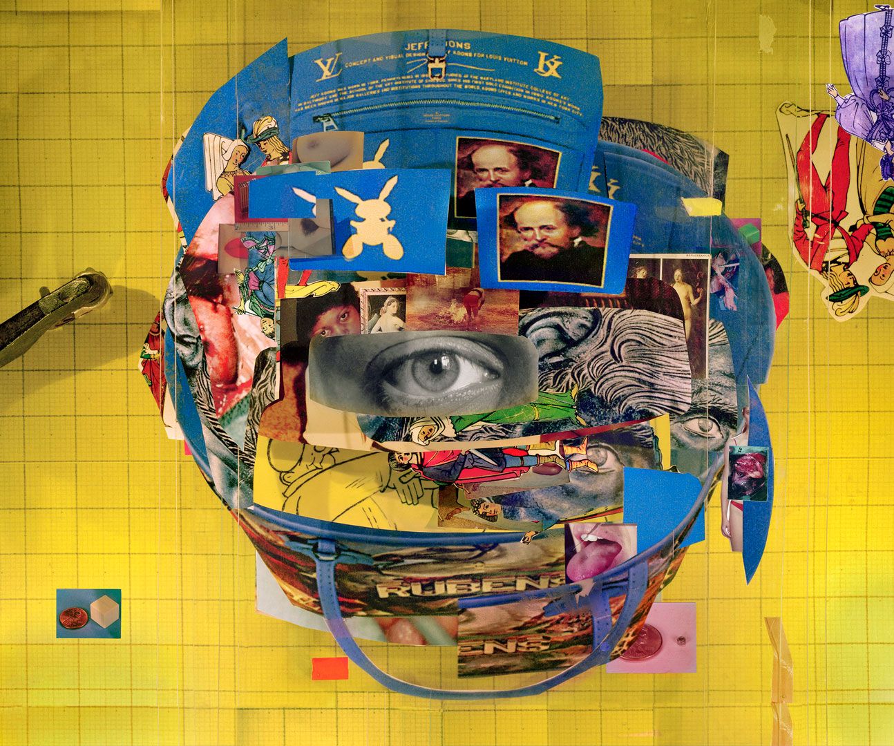A photograph by Sara Cwynar titled Louis Vuitton Jeff Koons Rubens bag, dated 2020.