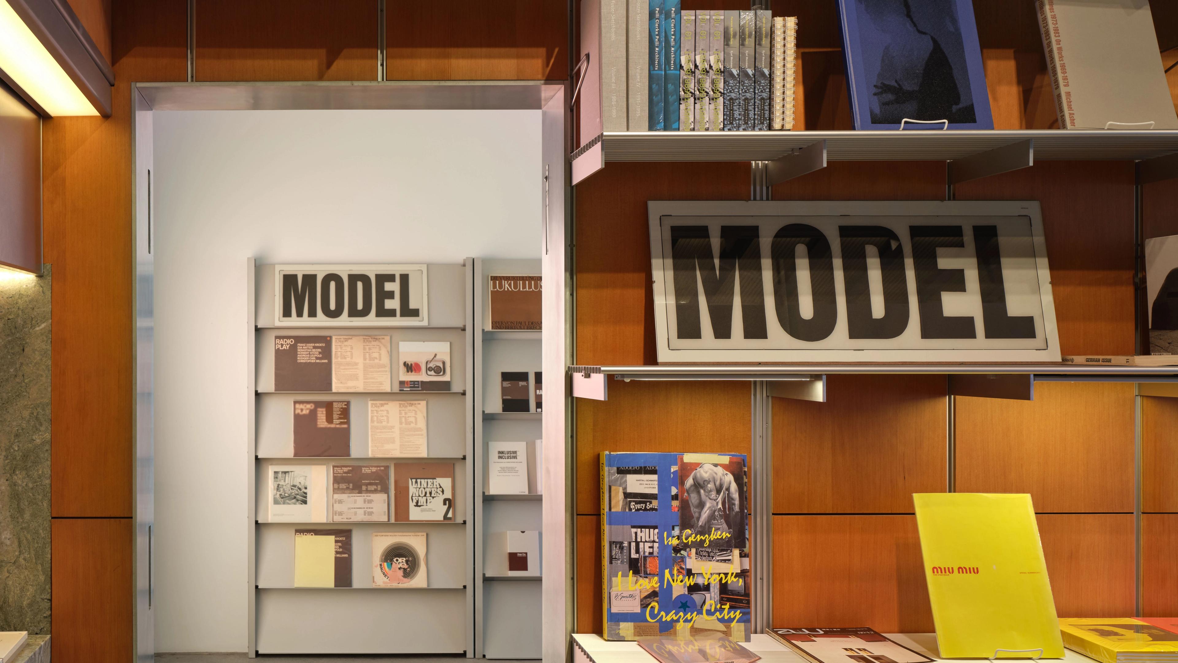 Installation view of the exhibition Christopher Williams: KÜCHENBEDARF + ARBEITSSCHUHE at Architecture Books, located in Los Angeles, 2026.