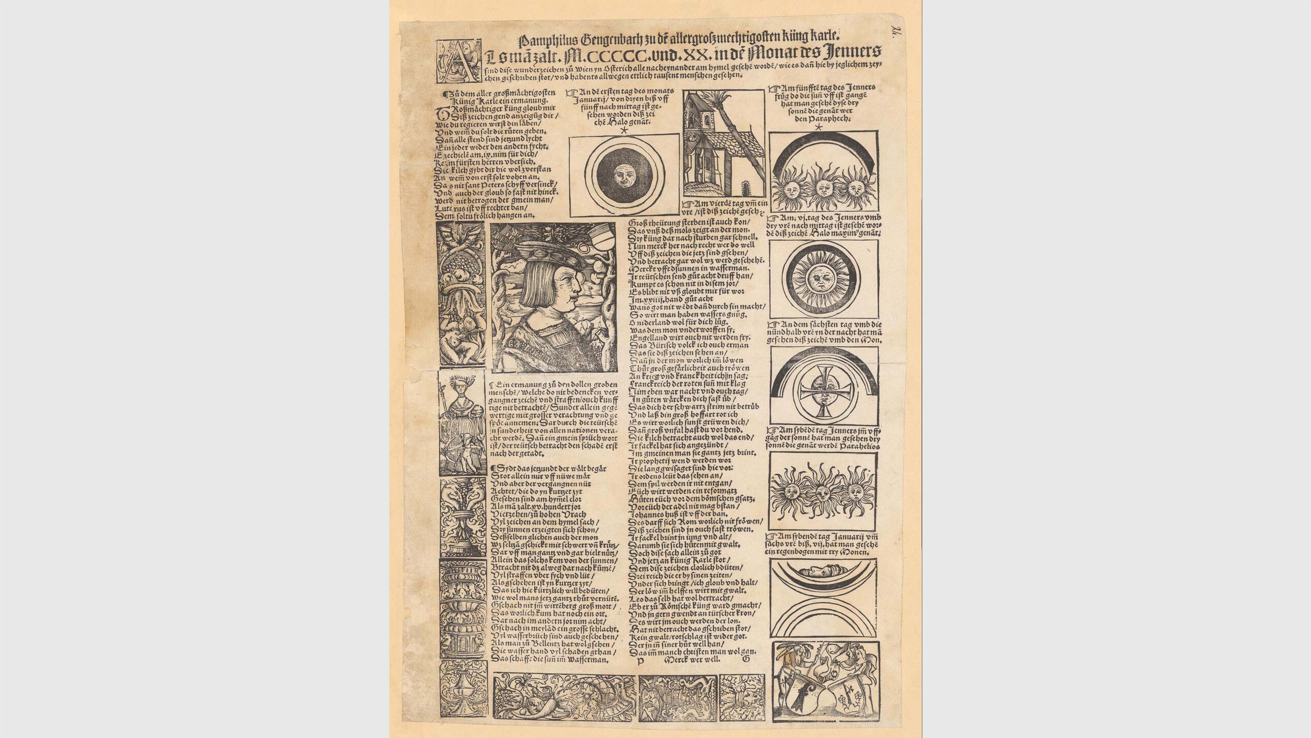 Pamphilus Gengenbach, Illustrated broadsheet on celestial phenomena over Vienna, January 1520.