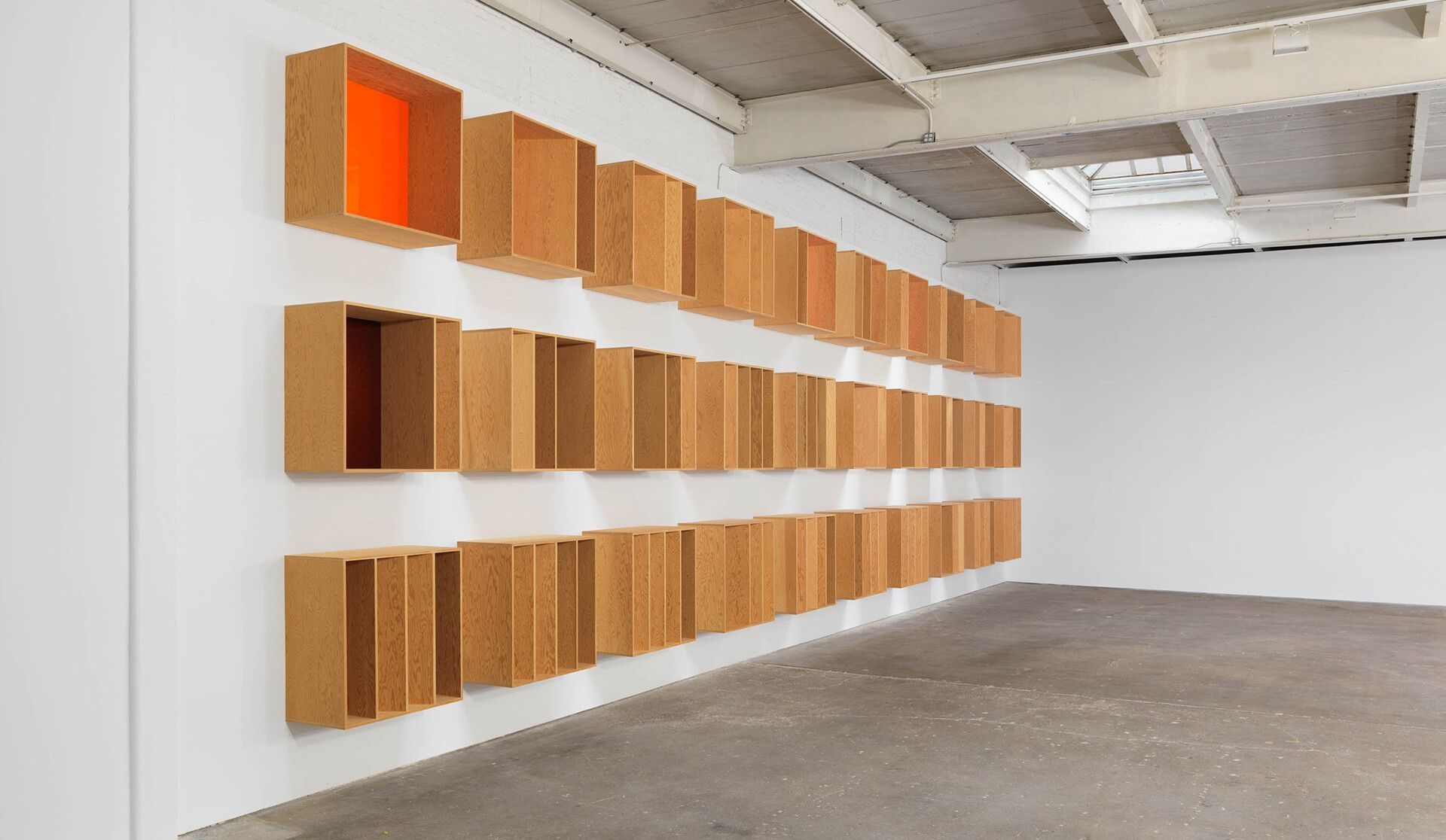 An installation view of an exhibition titled Donald Judd Artworks: 1970–1994, at David Zwirner, New York, in 2020.