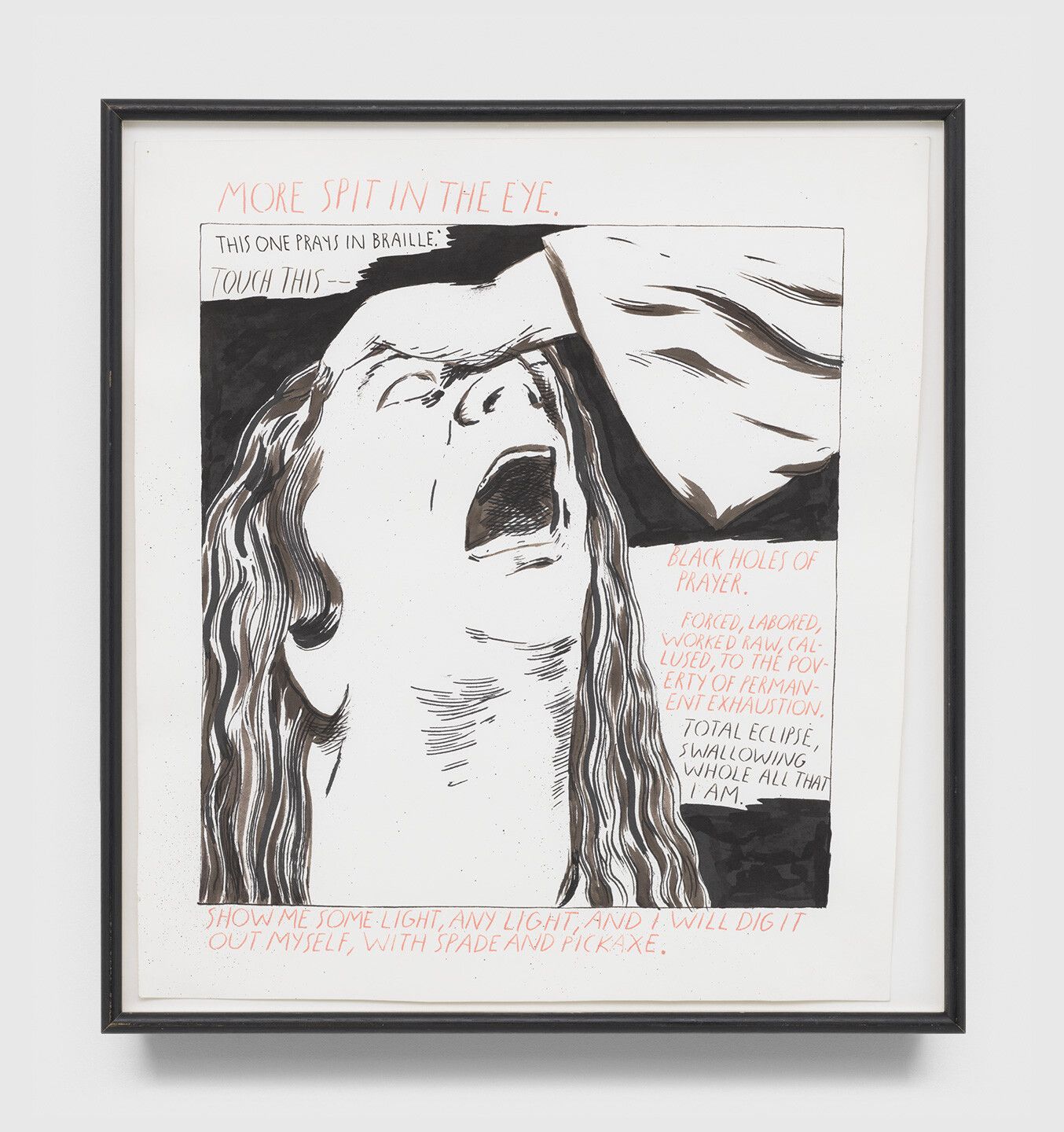 An ink drawing by Raymond Pettibon titled No Title (More spit in...), dated 1992